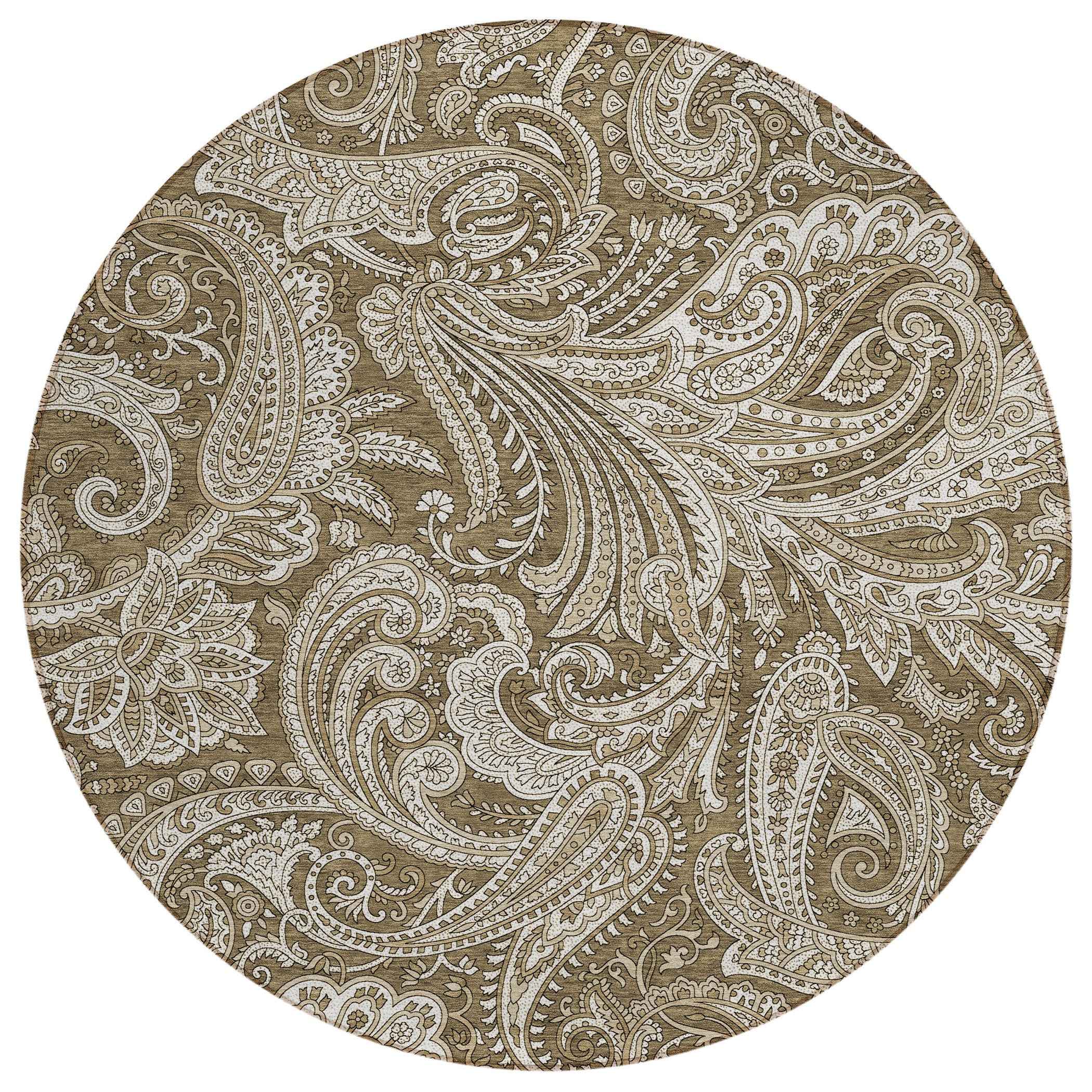 8' Chocolate Beige And Ivory Round Paisley Washable Indoor Outdoor Area Rug