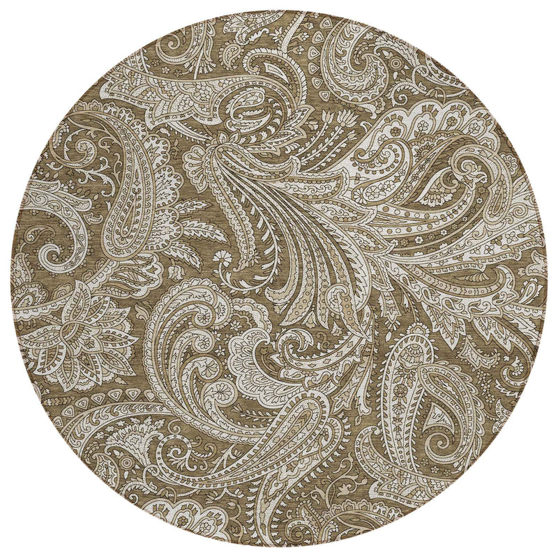 8' Chocolate Beige And Ivory Round Paisley Washable Indoor Outdoor Area Rug