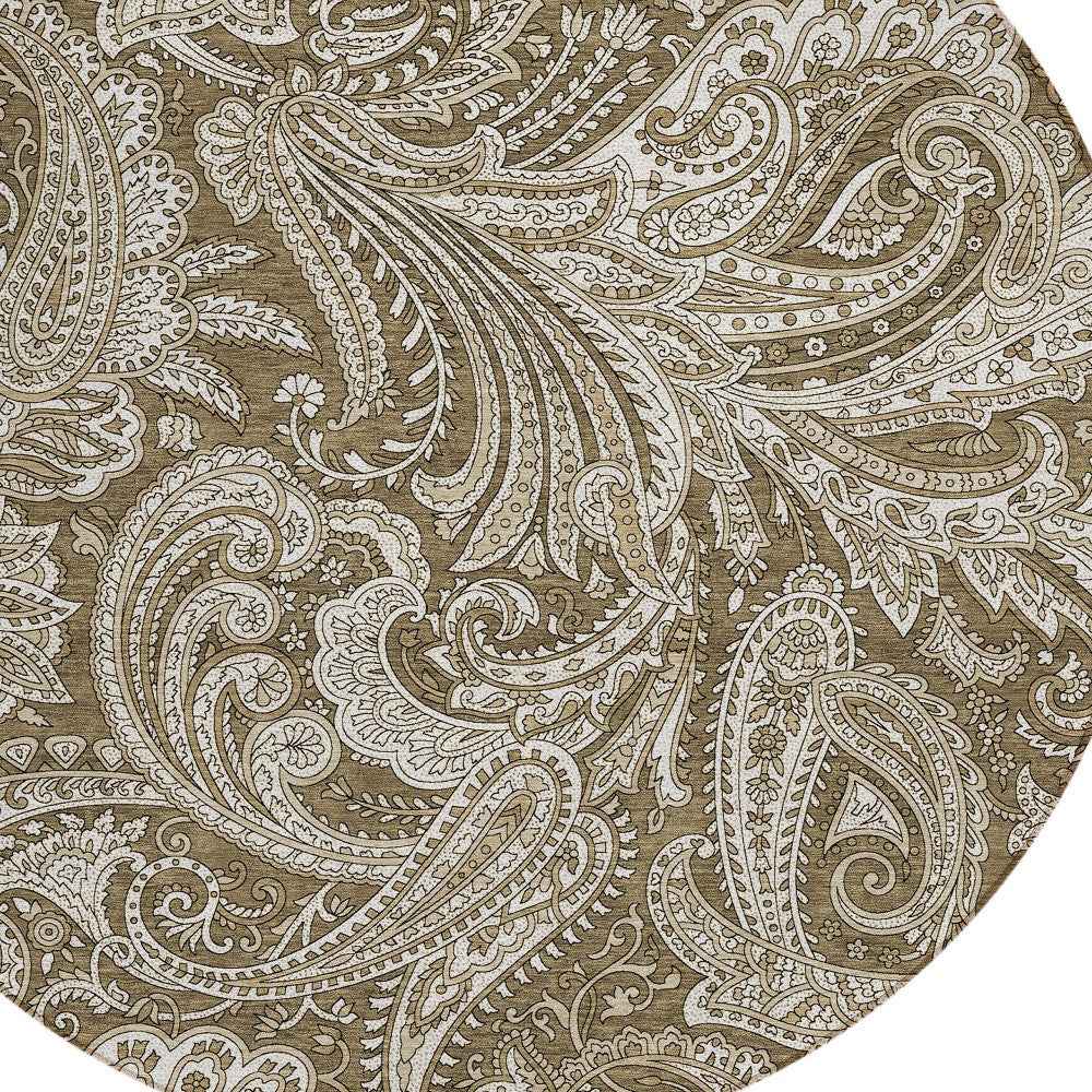 8' Chocolate Beige And Ivory Round Paisley Washable Indoor Outdoor Area Rug