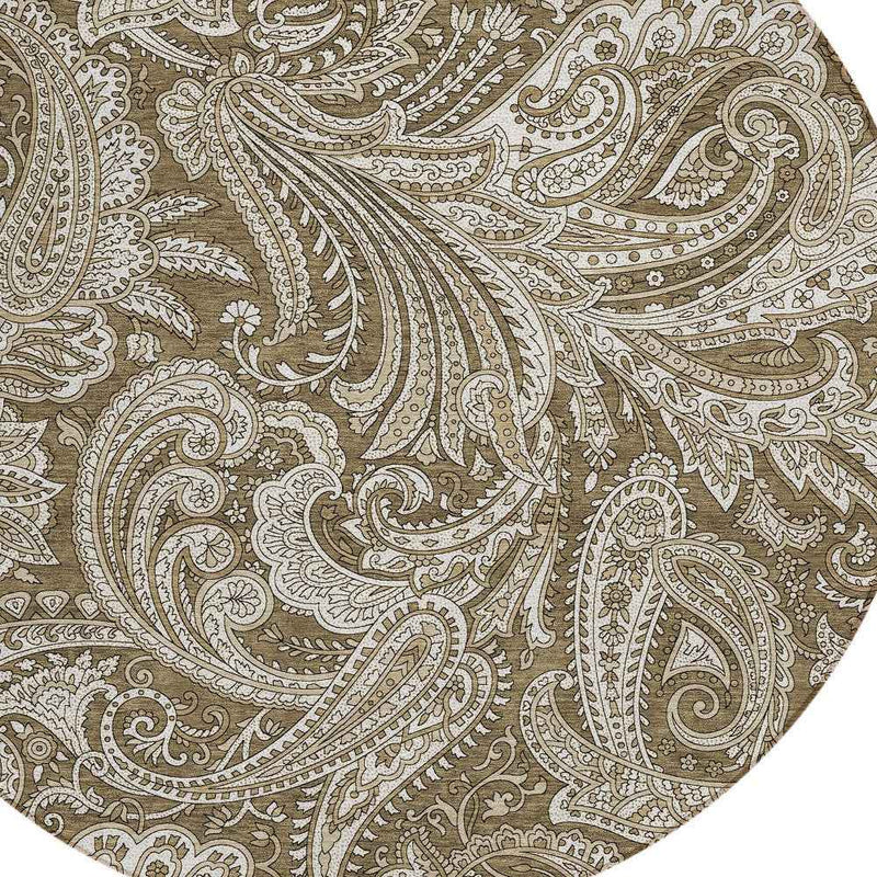 8' Chocolate Beige And Ivory Round Paisley Washable Indoor Outdoor Area Rug