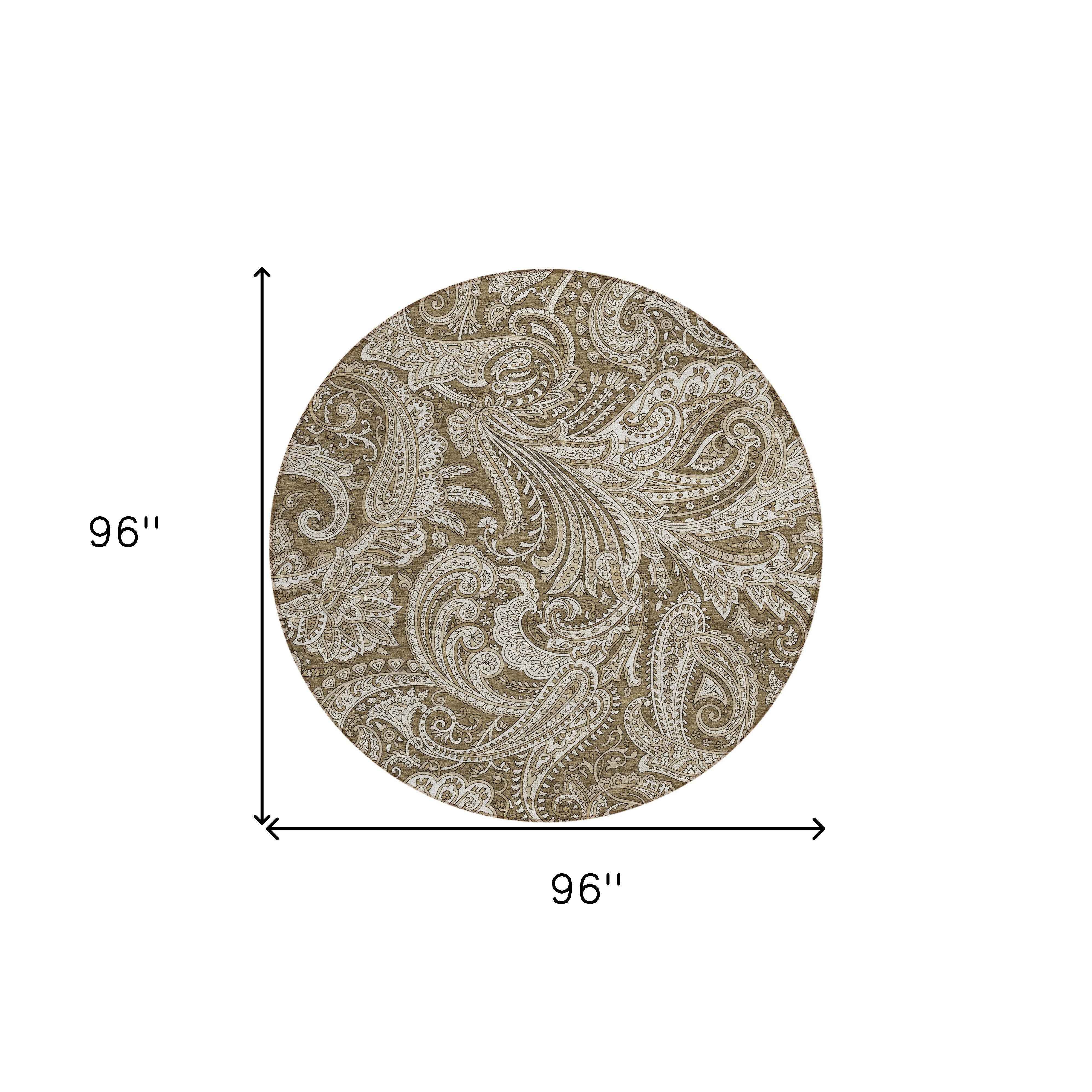 8' Chocolate Beige And Ivory Round Paisley Washable Indoor Outdoor Area Rug