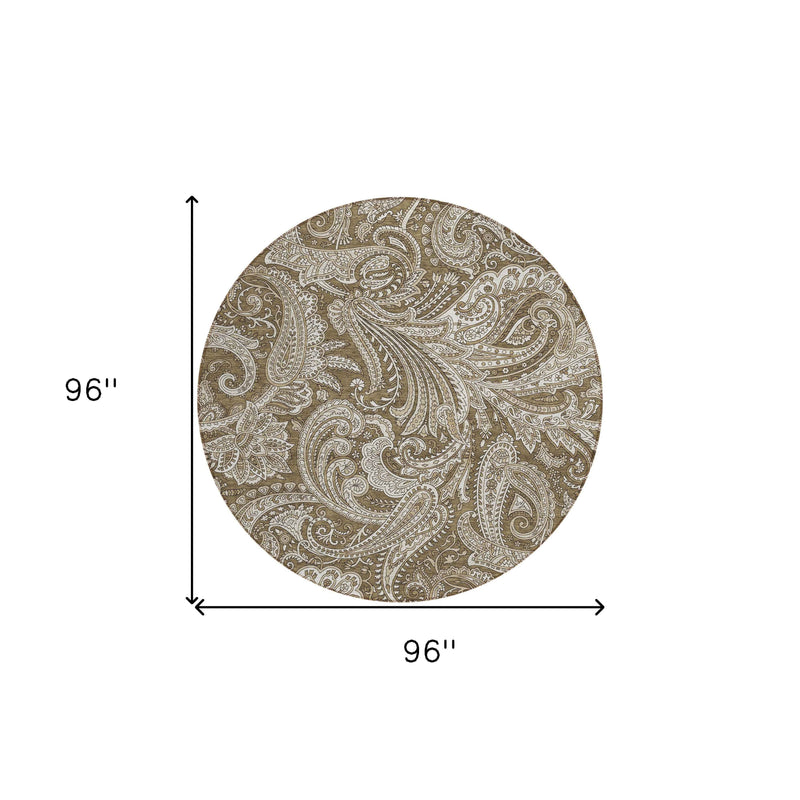 8' Chocolate Beige And Ivory Round Paisley Washable Indoor Outdoor Area Rug
