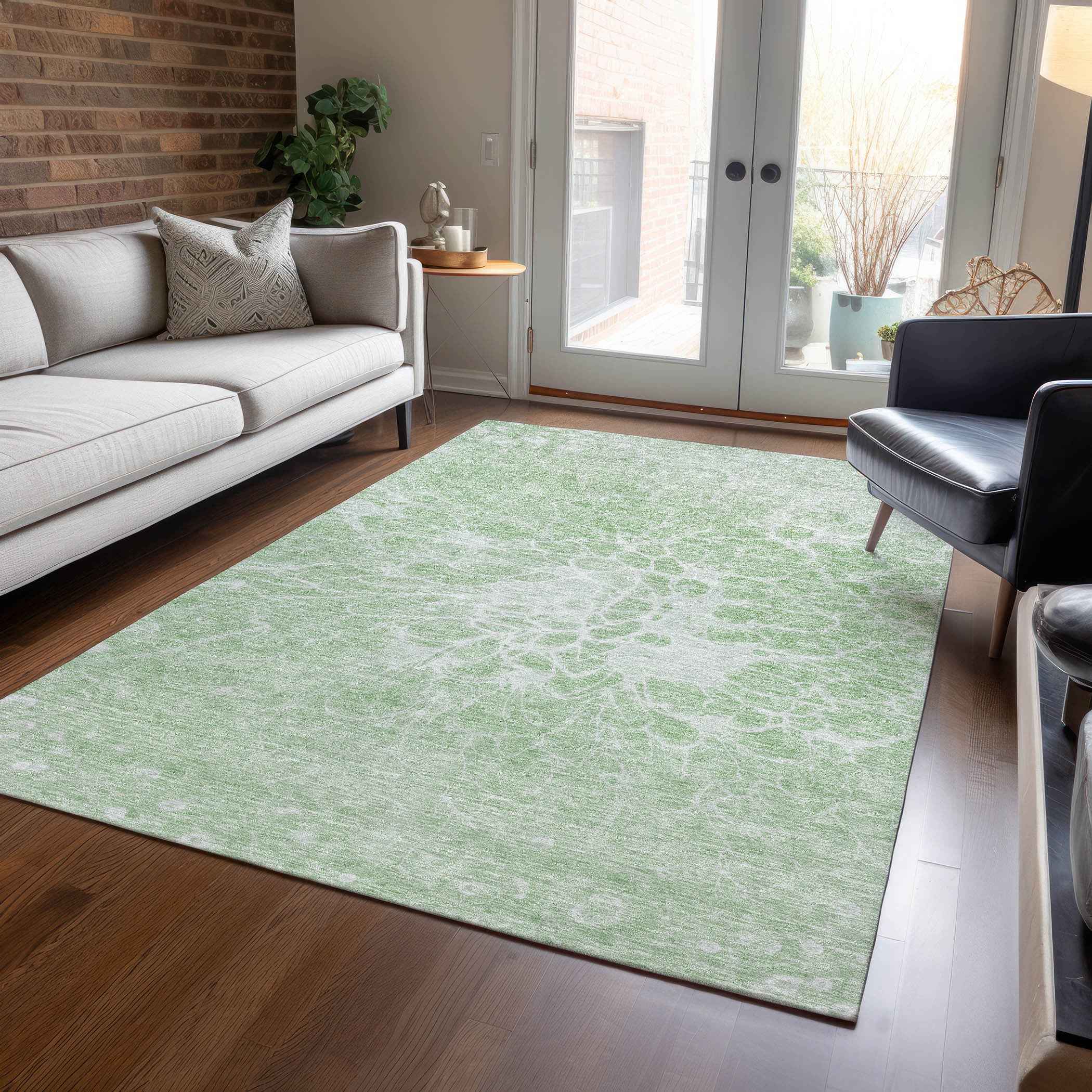 8' X 10' Mint Green And Ivory Abstract Washable Indoor Outdoor Area Rug