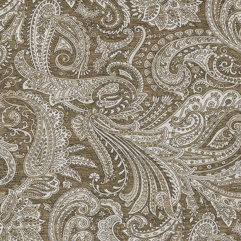 5' X 8' Chocolate Beige And Ivory Paisley Washable Indoor Outdoor Area Rug