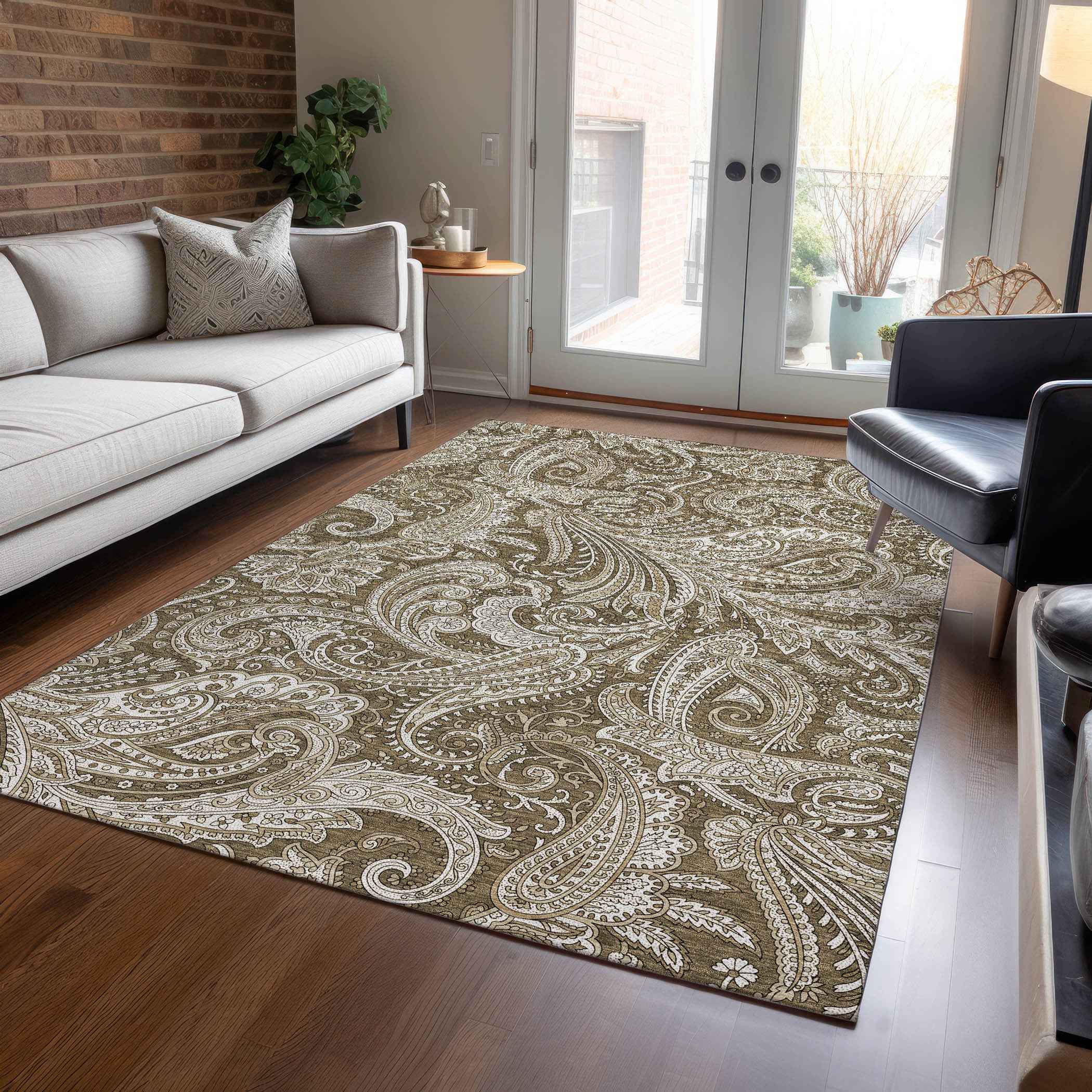 5' X 8' Chocolate Beige And Ivory Paisley Washable Indoor Outdoor Area Rug