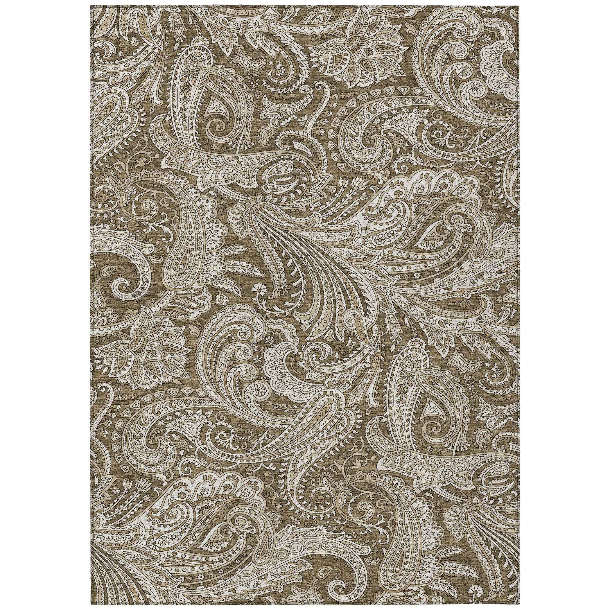 5' X 8' Chocolate Beige And Ivory Paisley Washable Indoor Outdoor Area Rug
