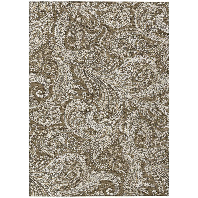 5' X 8' Chocolate Beige And Ivory Paisley Washable Indoor Outdoor Area Rug