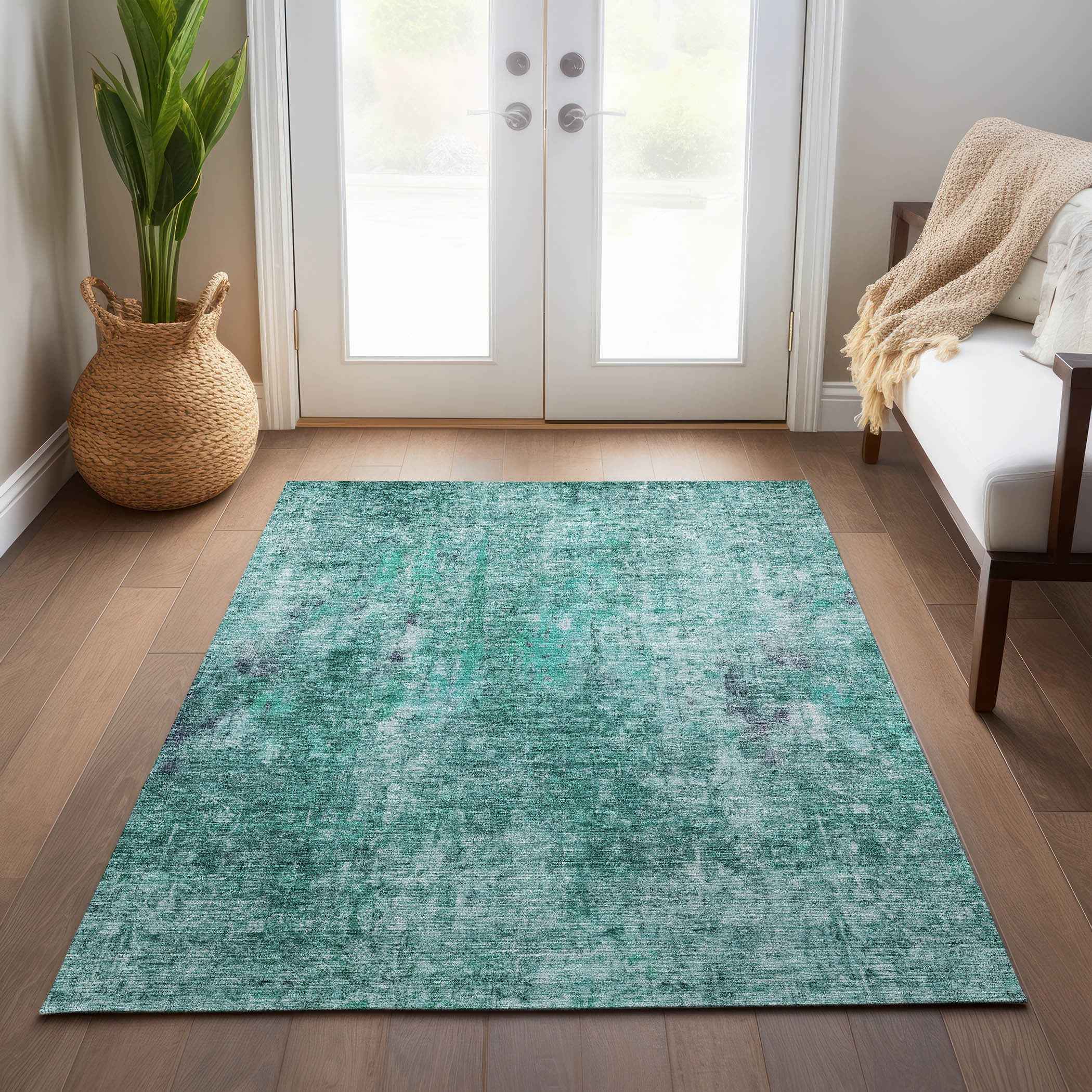 3' X 5' Teal Blue Green And Gray Abstract Washable Indoor Outdoor Area Rug