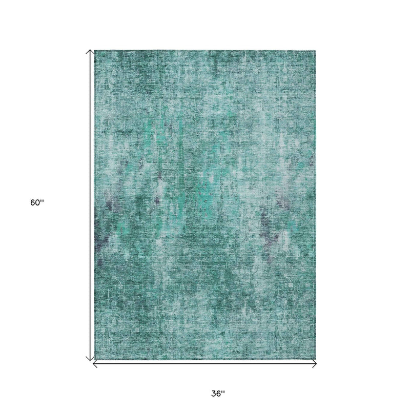 3' X 5' Teal Blue Green And Gray Abstract Washable Indoor Outdoor Area Rug