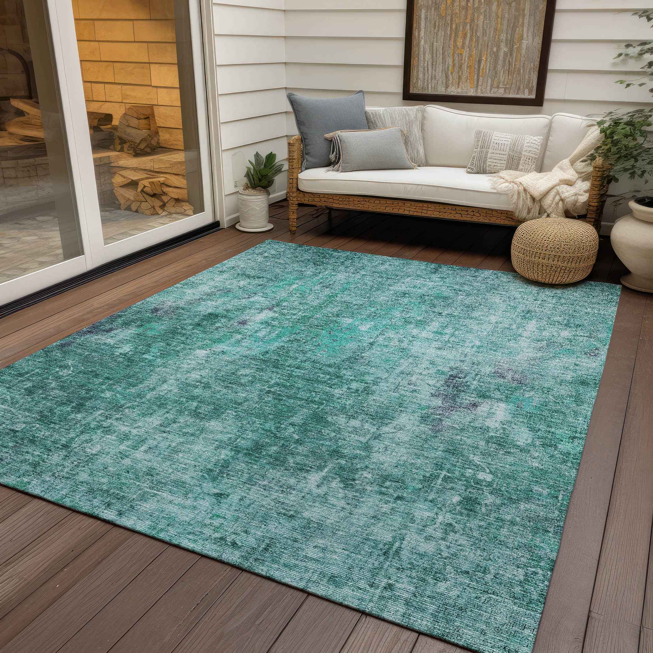 3' X 5' Teal Blue Green And Gray Abstract Washable Indoor Outdoor Area Rug