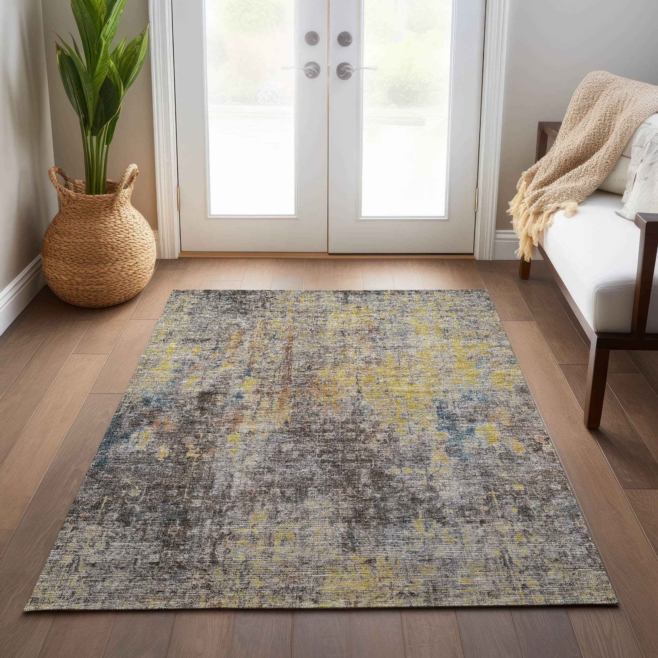 3' X 5' Brown And Gold Abstract Washable Indoor Outdoor Area Rug