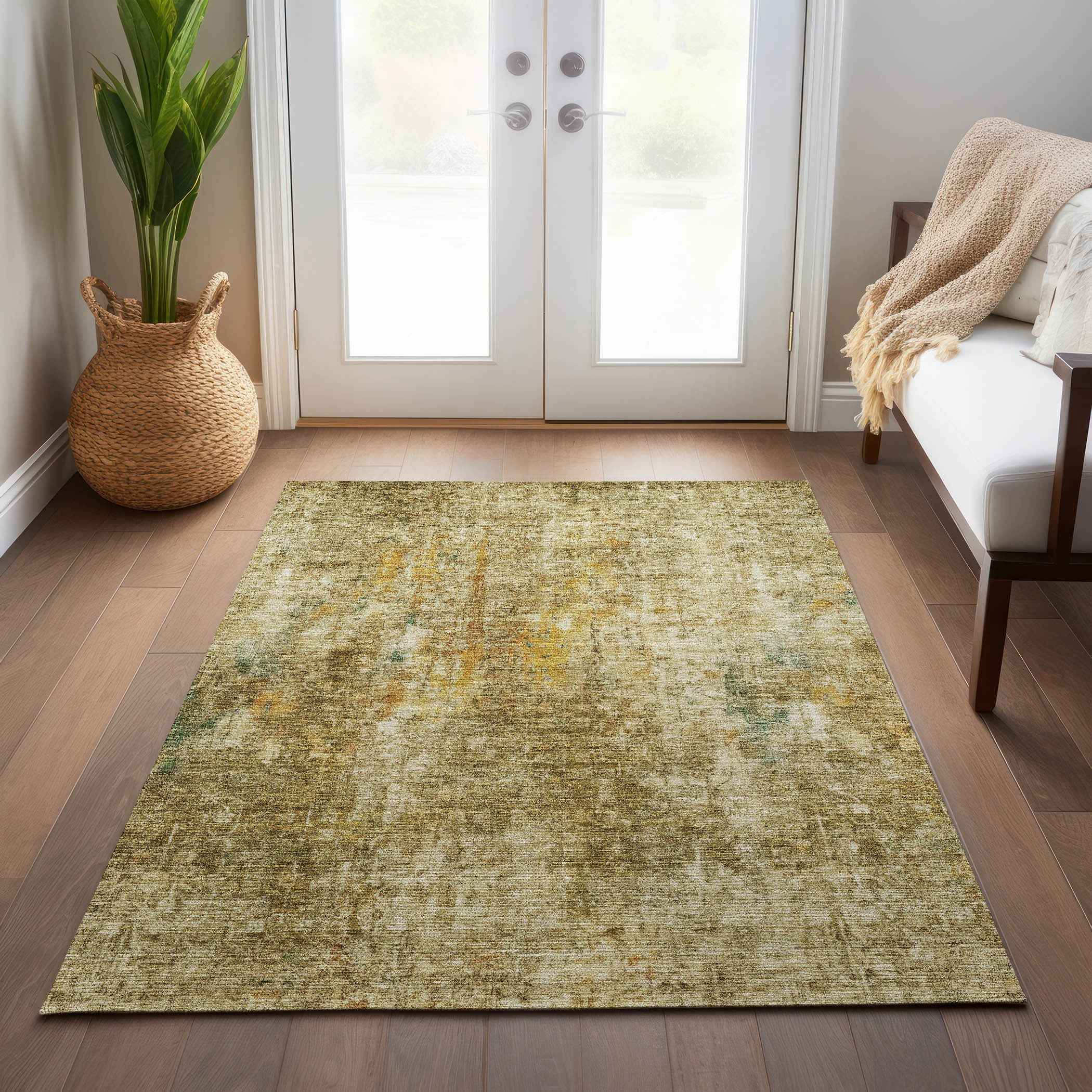 8' X 10' Brown Beige And Gold Abstract Washable Indoor Outdoor Area Rug