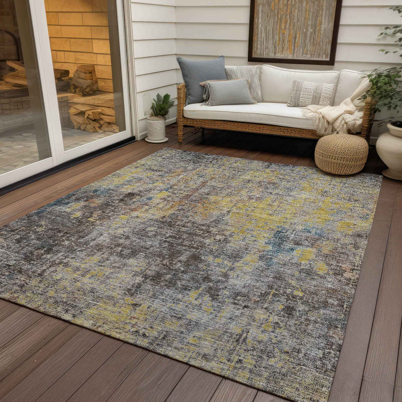 3' X 5' Brown And Gold Abstract Washable Indoor Outdoor Area Rug