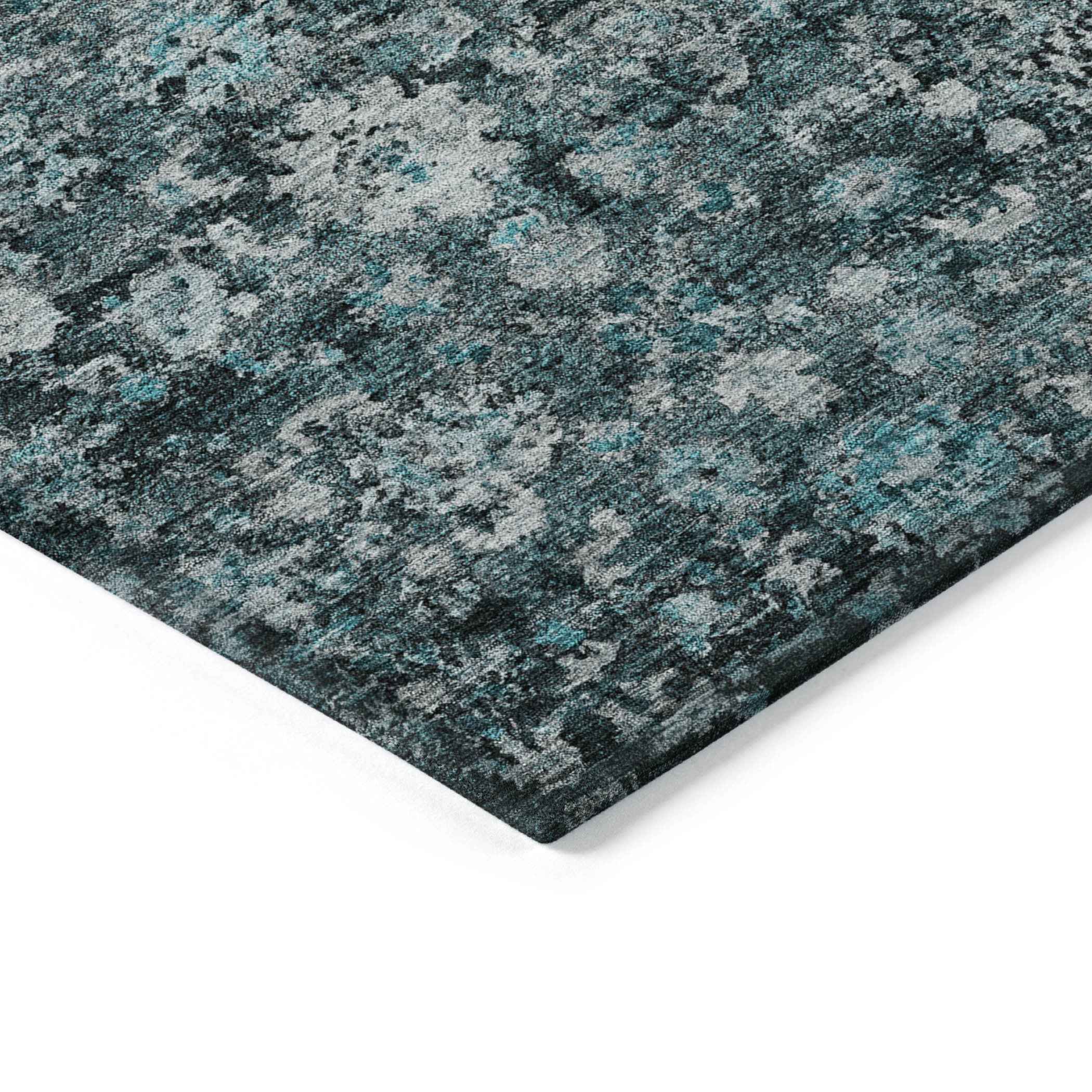 9' X 12' Dark Green Aqua And Charcoal Oriental Washable Indoor Outdoor Area Rug