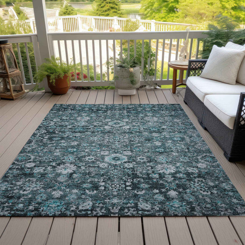 9' X 12' Dark Green Aqua And Charcoal Oriental Washable Indoor Outdoor Area Rug