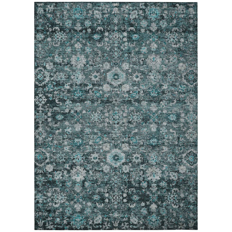 9' X 12' Dark Green Aqua And Charcoal Oriental Washable Indoor Outdoor Area Rug