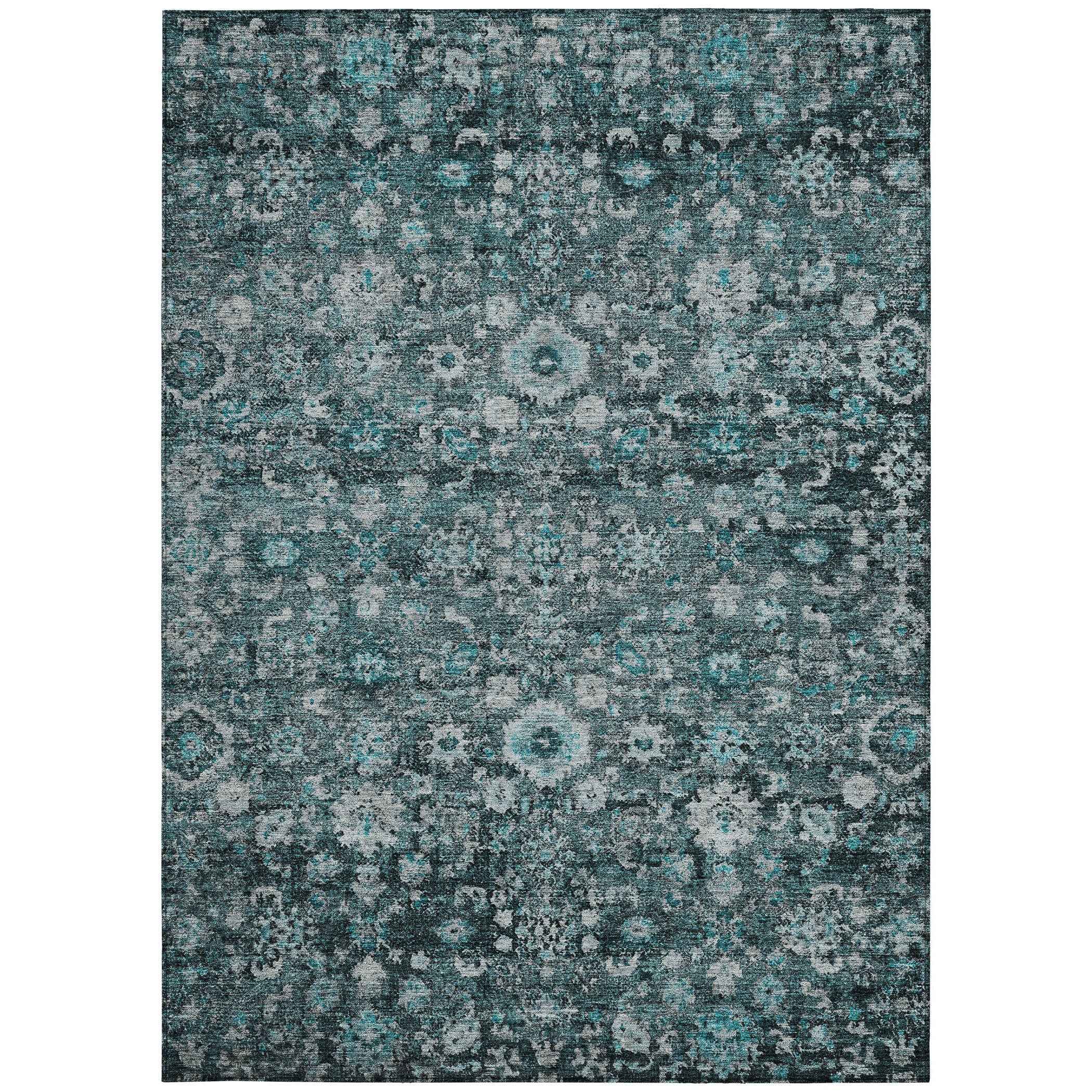 9' X 12' Dark Green Aqua And Charcoal Oriental Washable Indoor Outdoor Area Rug