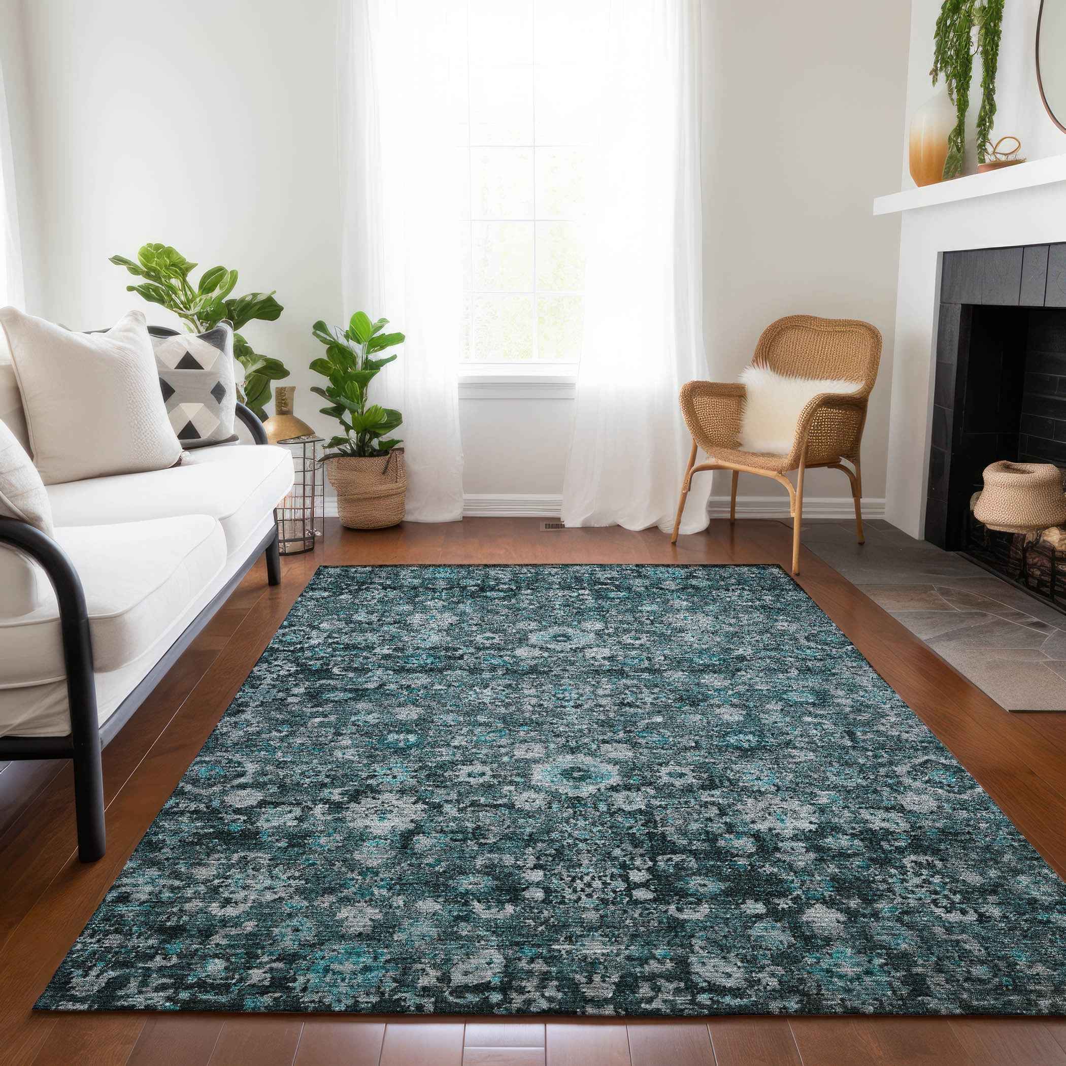9' X 12' Dark Green Aqua And Charcoal Oriental Washable Indoor Outdoor Area Rug