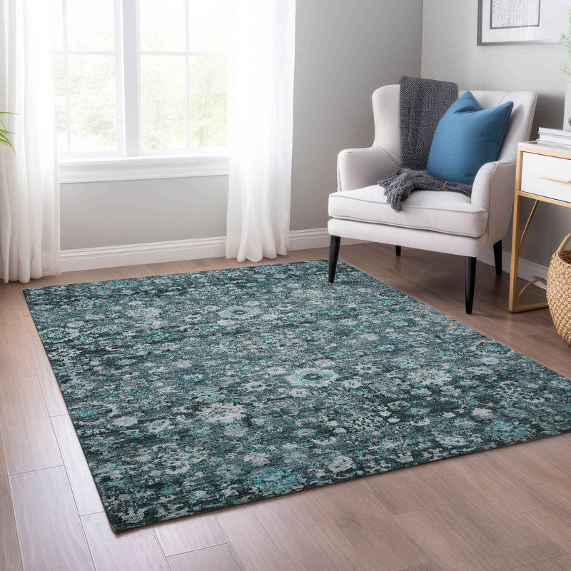 9' X 12' Dark Green Aqua And Charcoal Oriental Washable Indoor Outdoor Area Rug
