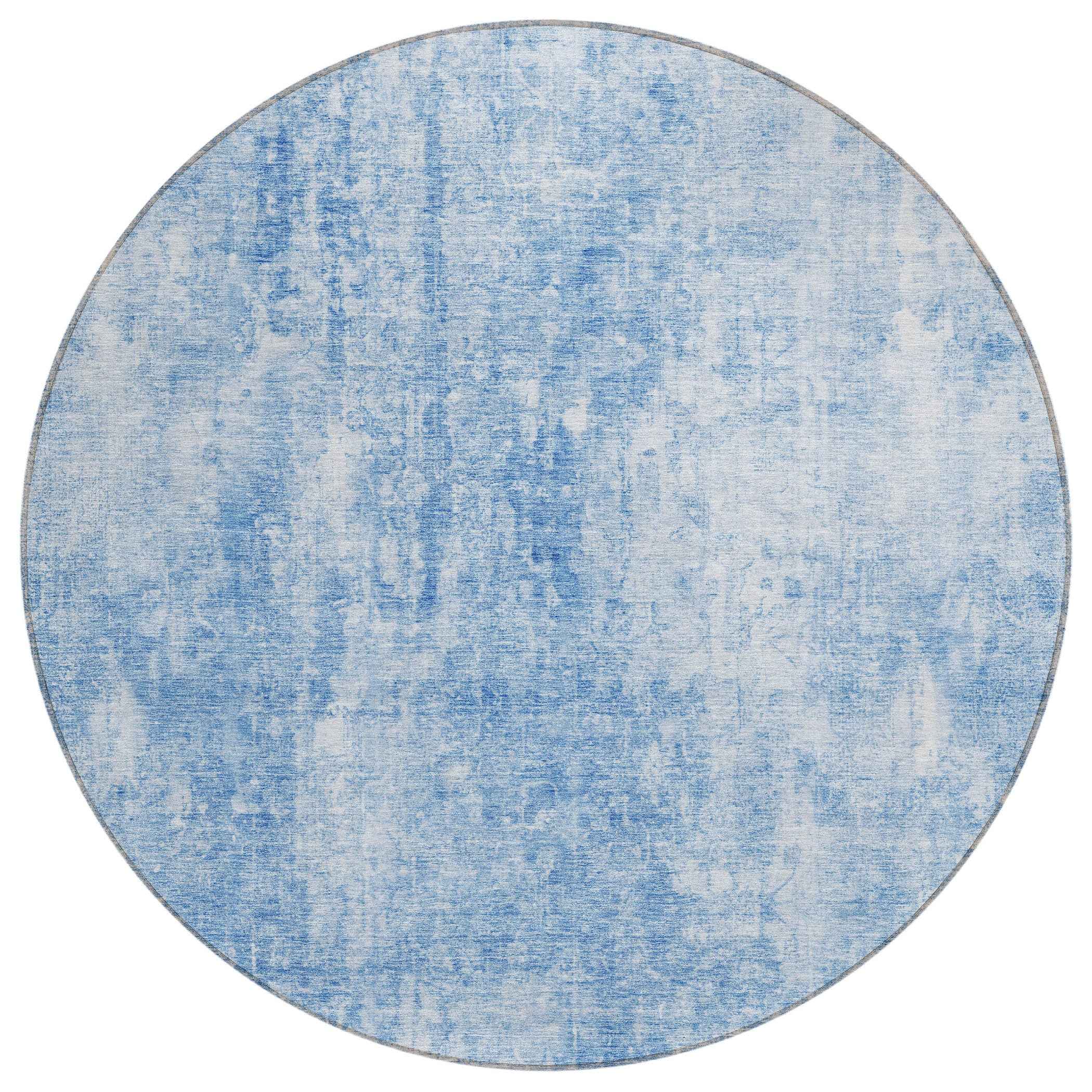 8' Denim Blue And Ivory Round Abstract Washable Indoor Outdoor Area Rug