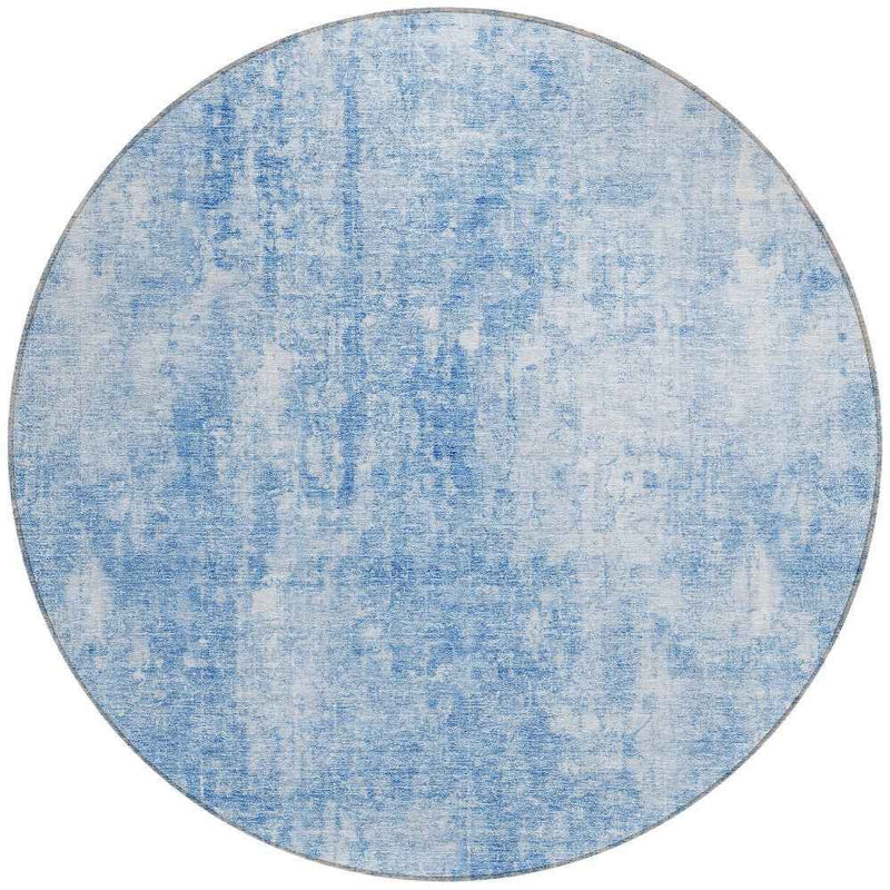 8' Denim Blue And Ivory Round Abstract Washable Indoor Outdoor Area Rug