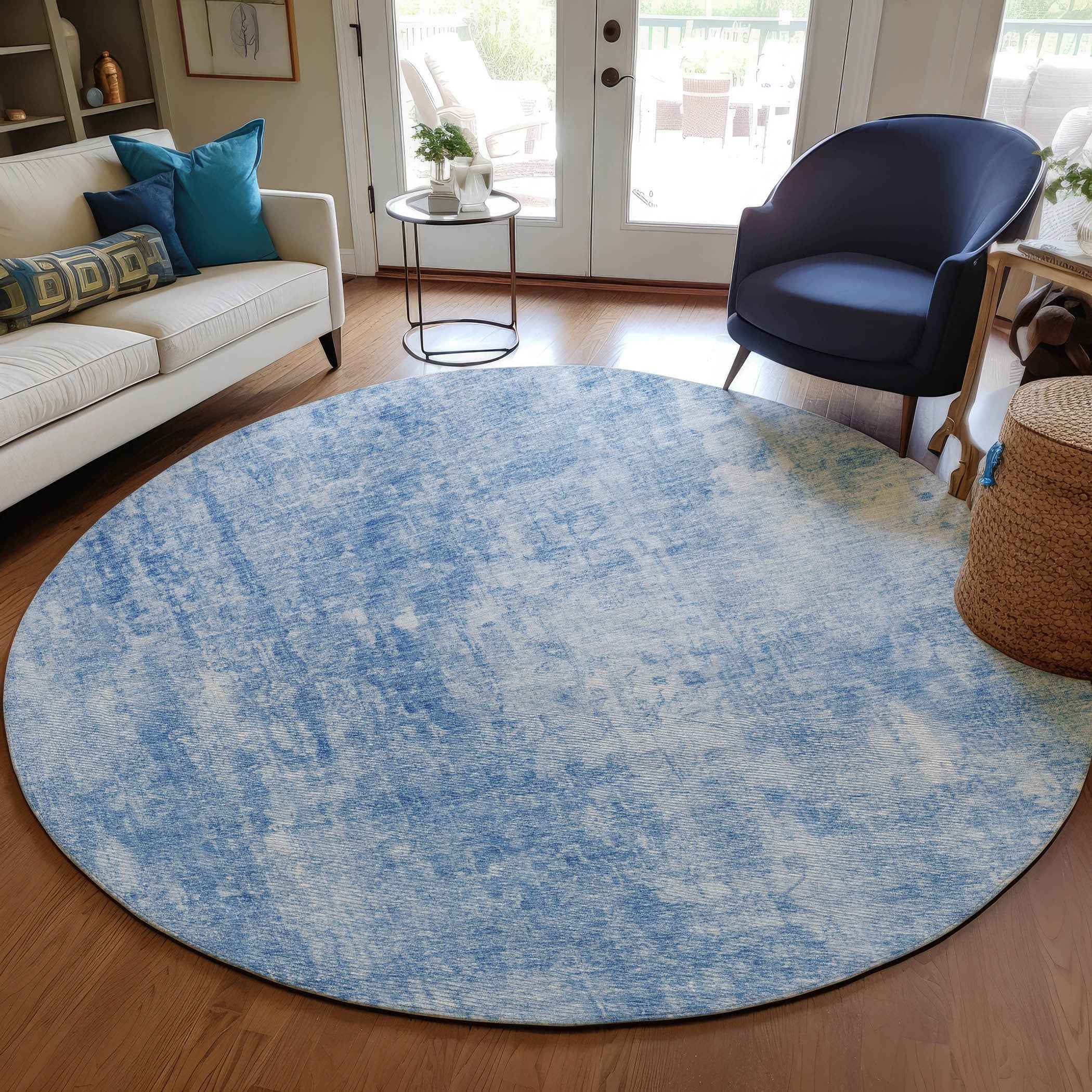 8' Denim Blue And Ivory Round Abstract Washable Indoor Outdoor Area Rug