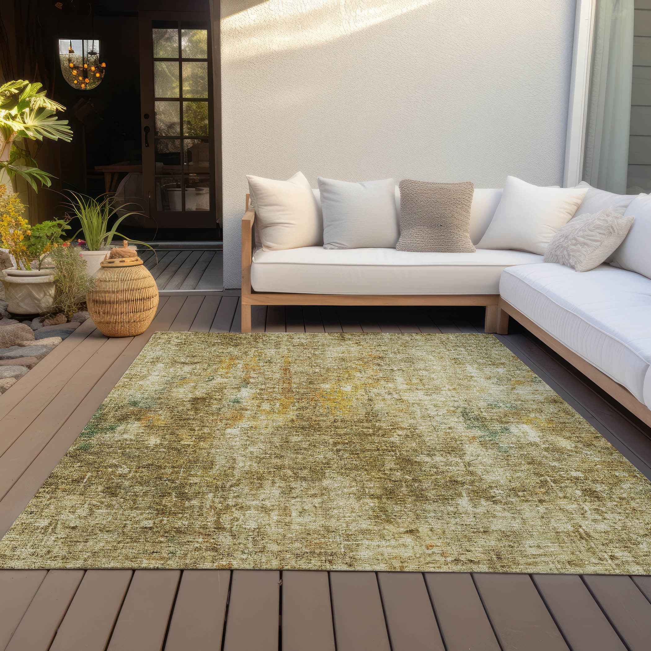 9' X 12' Brown Beige And Gold Abstract Washable Indoor Outdoor Area Rug