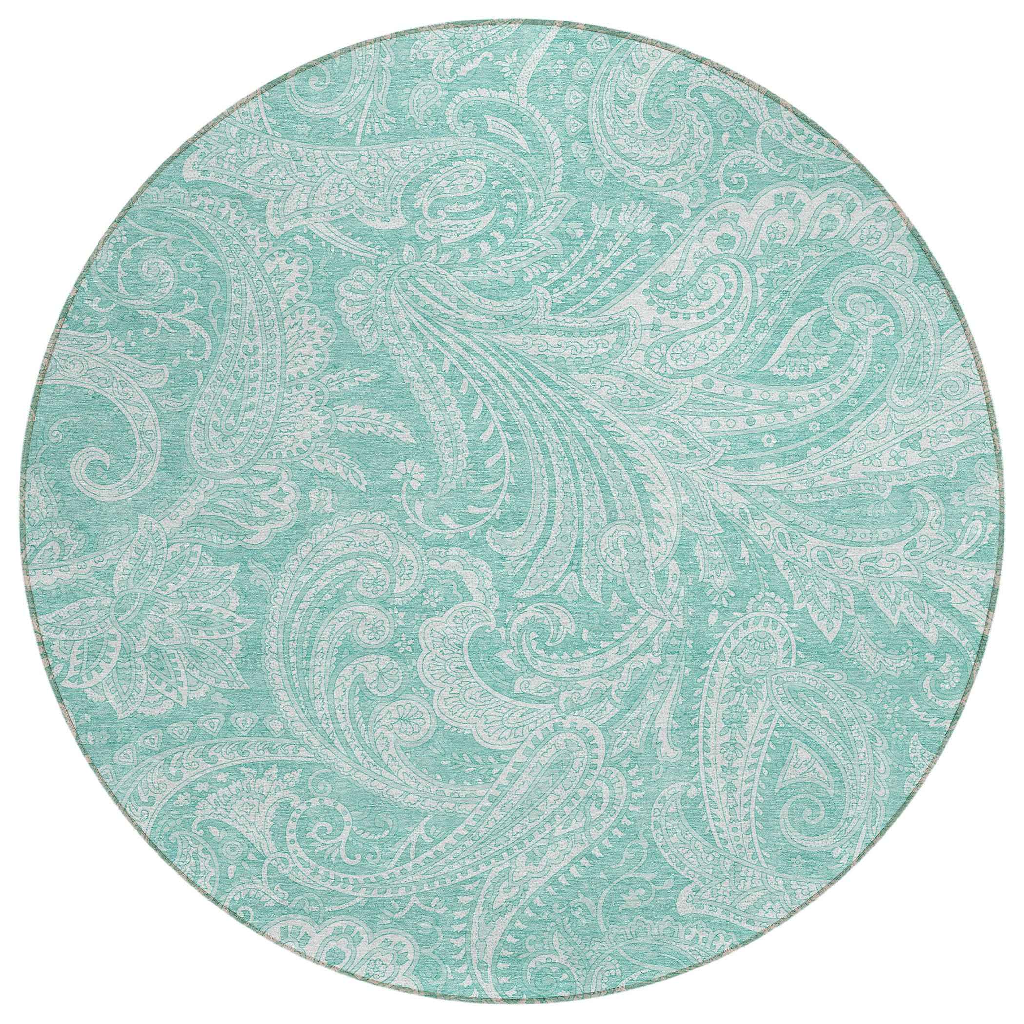 8' Teal Blue And Ivory Round Paisley Washable Indoor Outdoor Area Rug