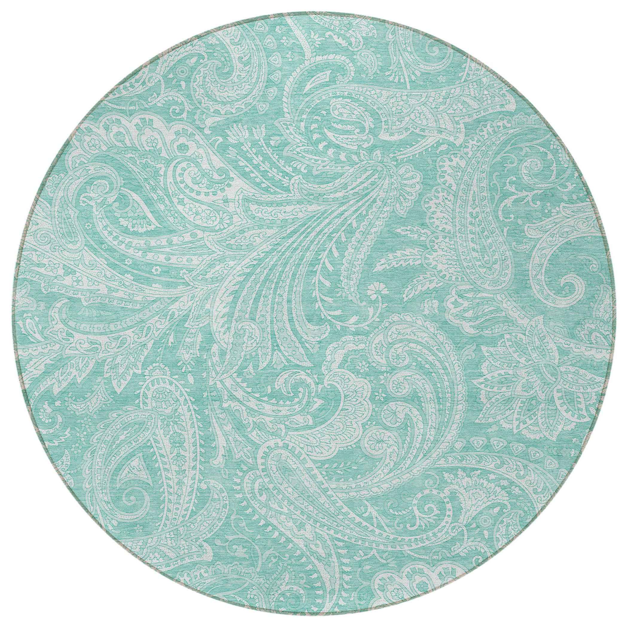8' Teal Blue And Ivory Round Paisley Washable Indoor Outdoor Area Rug