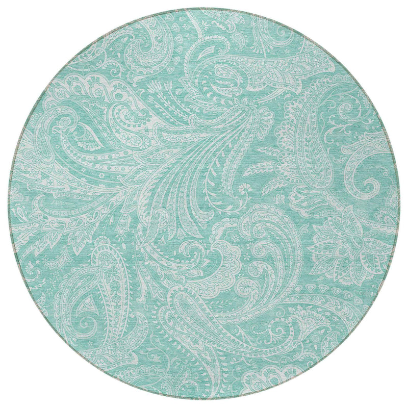 8' Teal Blue And Ivory Round Paisley Washable Indoor Outdoor Area Rug