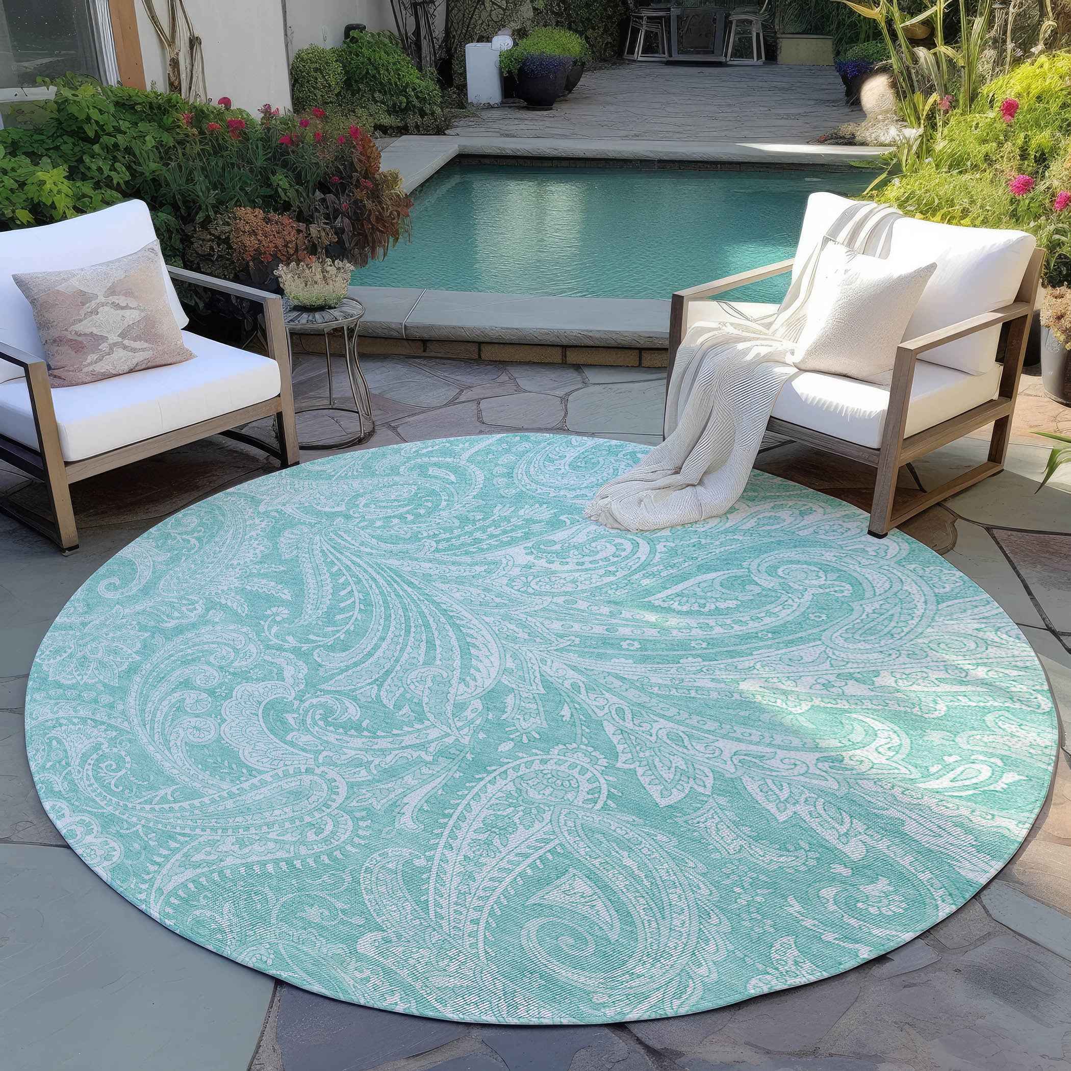 8' Teal Blue And Ivory Round Paisley Washable Indoor Outdoor Area Rug