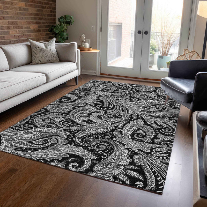 10' X 14' Black Gray And White Paisley Washable Indoor Outdoor Area Rug