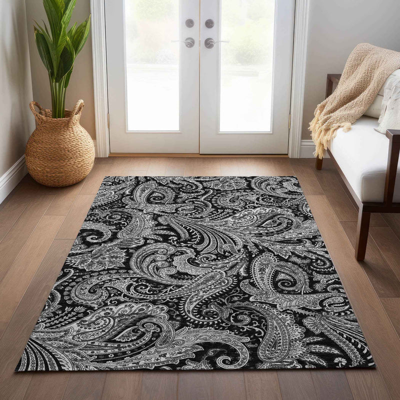10' X 14' Black Gray And White Paisley Washable Indoor Outdoor Area Rug