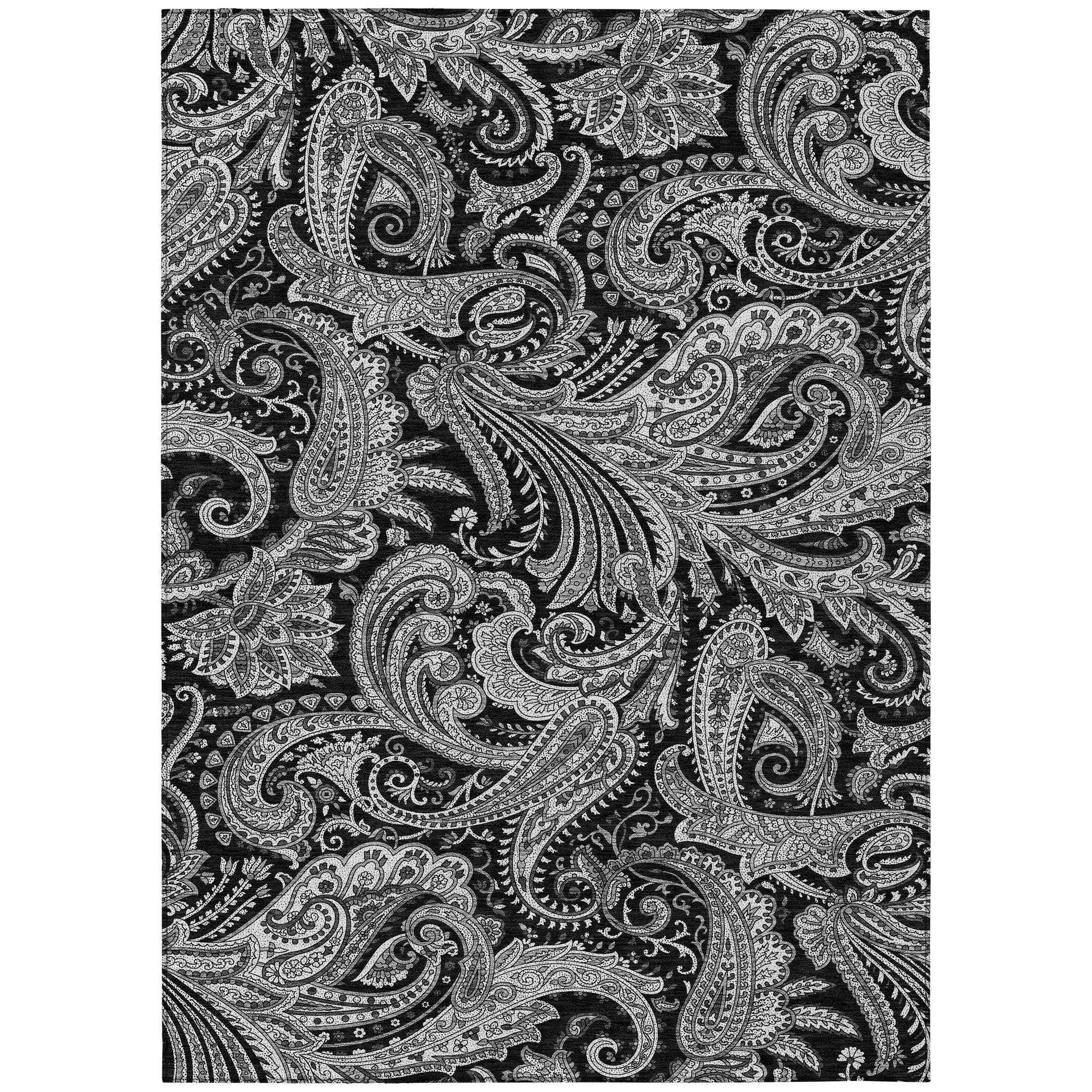 10' X 14' Black Gray And White Paisley Washable Indoor Outdoor Area Rug