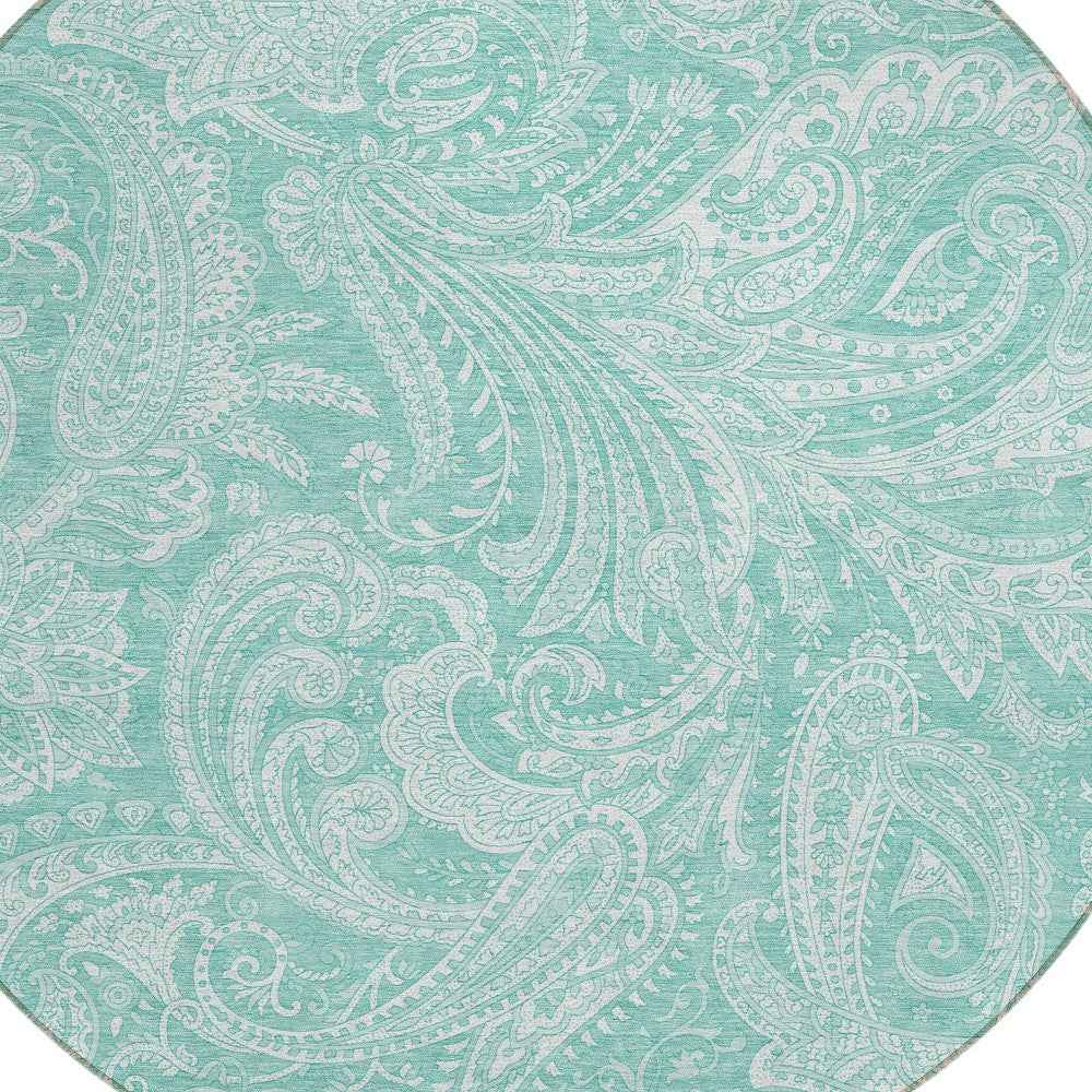 8' Teal Blue And Ivory Round Paisley Washable Indoor Outdoor Area Rug