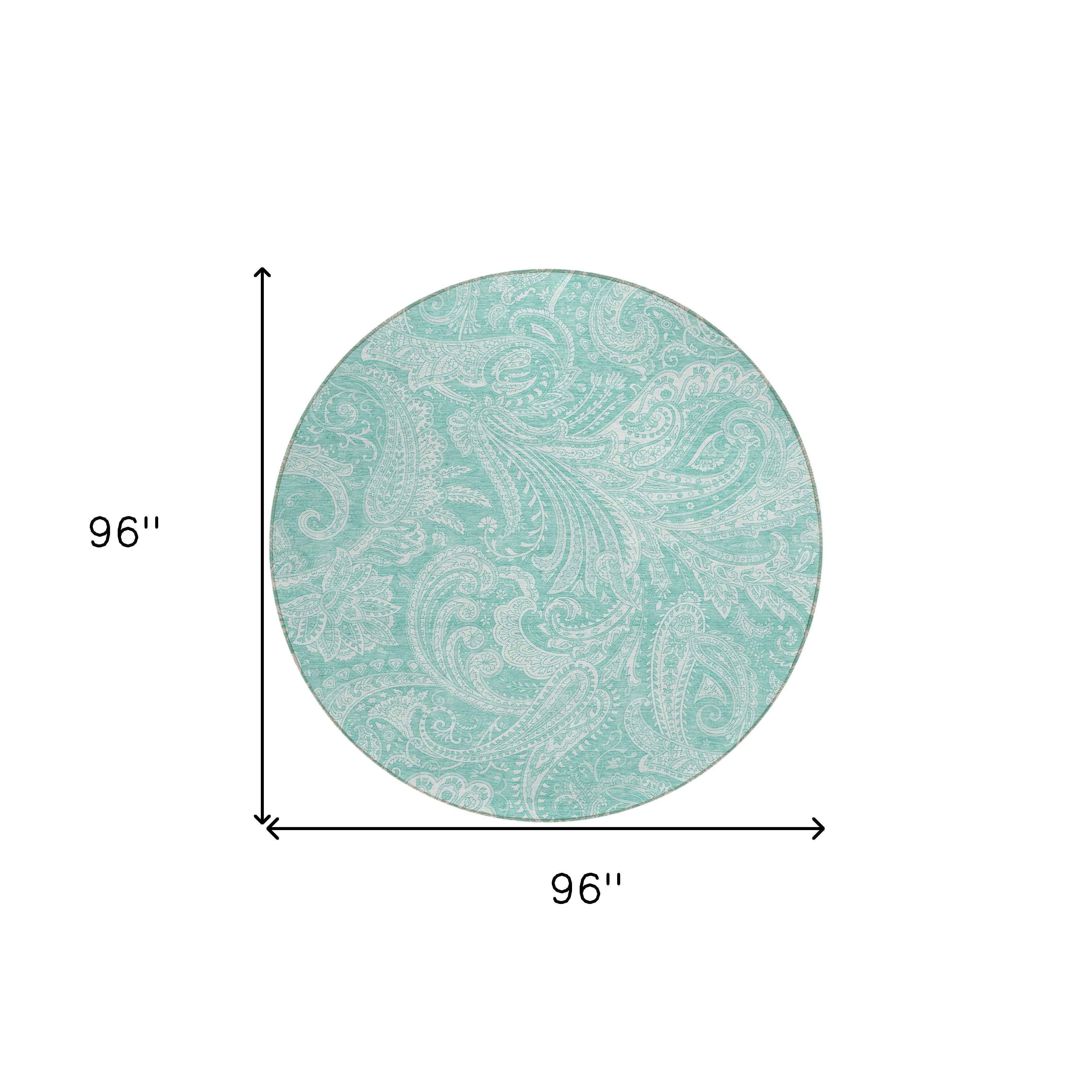 8' Teal Blue And Ivory Round Paisley Washable Indoor Outdoor Area Rug