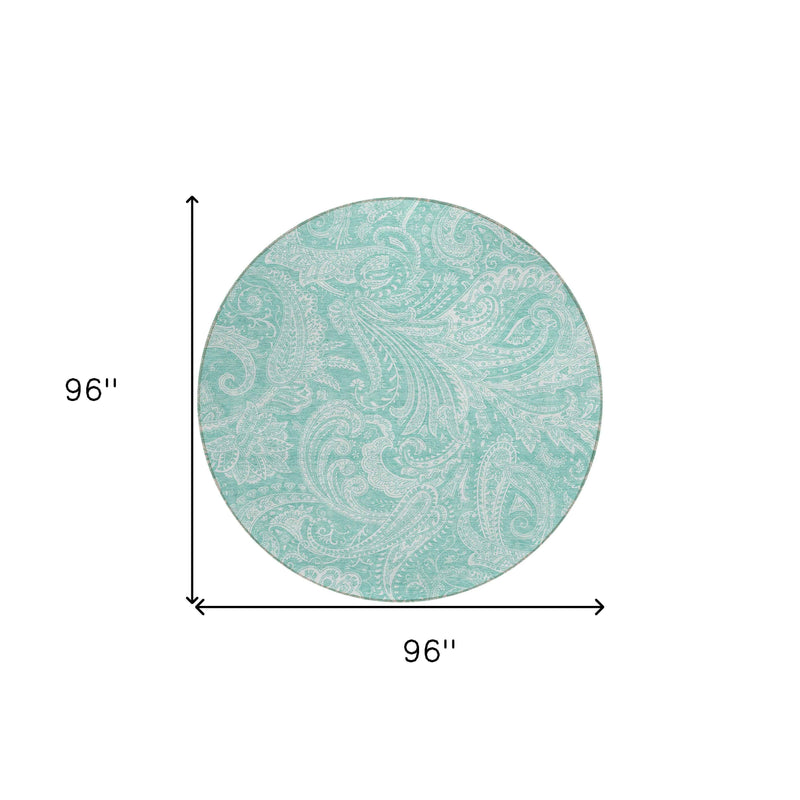 8' Teal Blue And Ivory Round Paisley Washable Indoor Outdoor Area Rug