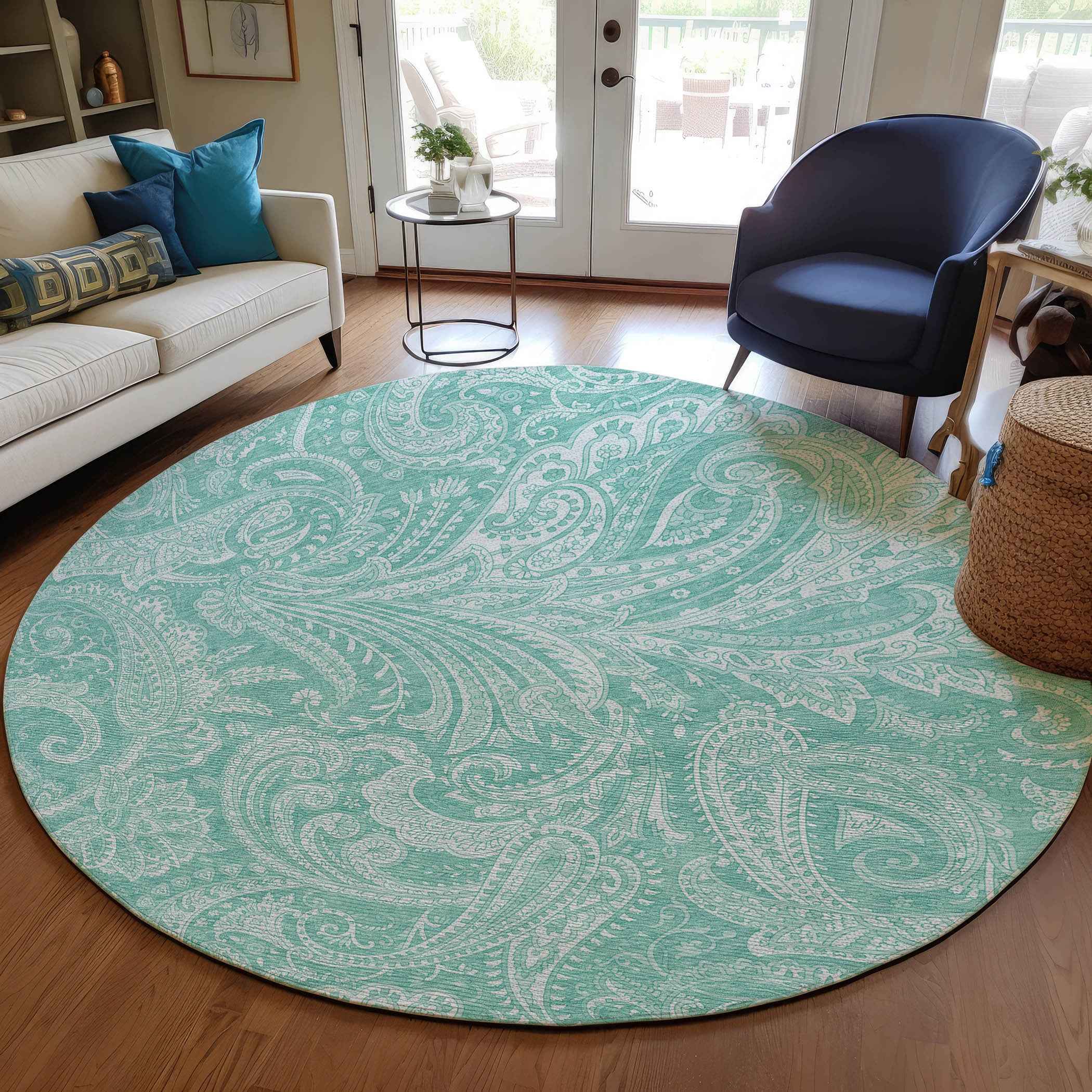 8' Teal Blue And Ivory Round Paisley Washable Indoor Outdoor Area Rug
