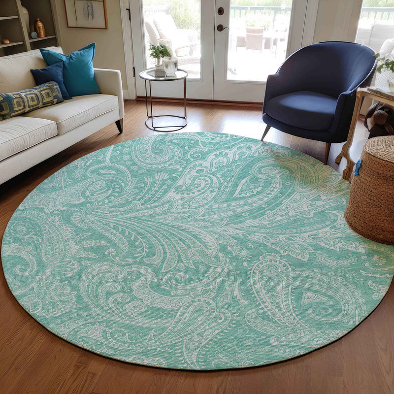 8' Teal Blue And Ivory Round Paisley Washable Indoor Outdoor Area Rug