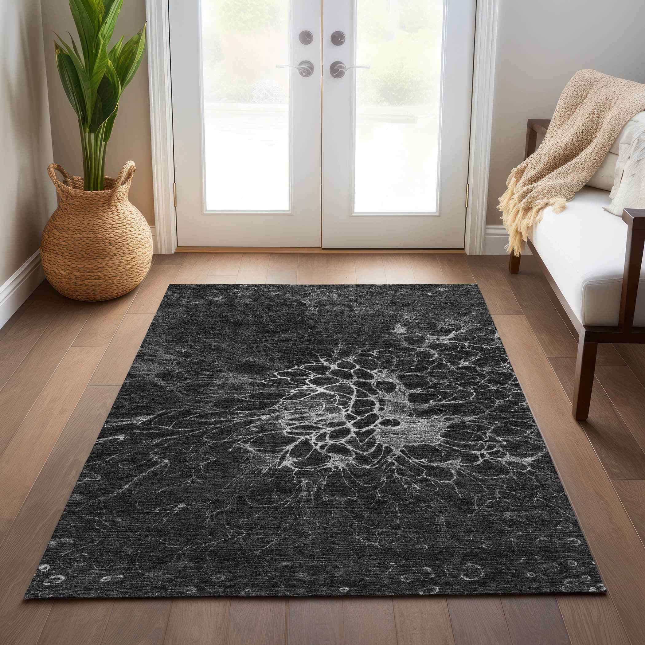10' X 14' Charcoal Gray And Silver Abstract Washable Indoor Outdoor Area Rug