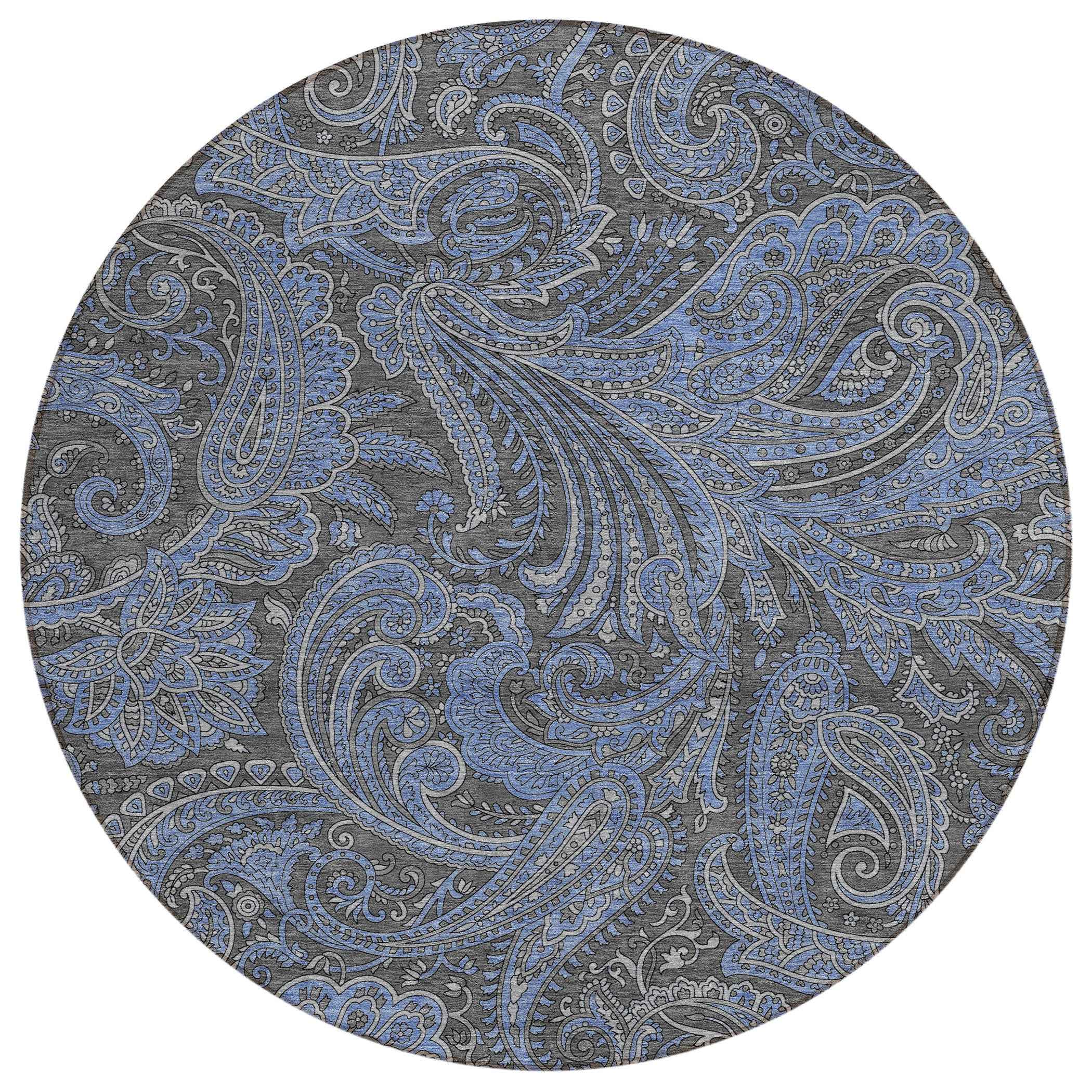 8' Charcoal Gray And Blue Round Paisley Washable Indoor Outdoor Area Rug