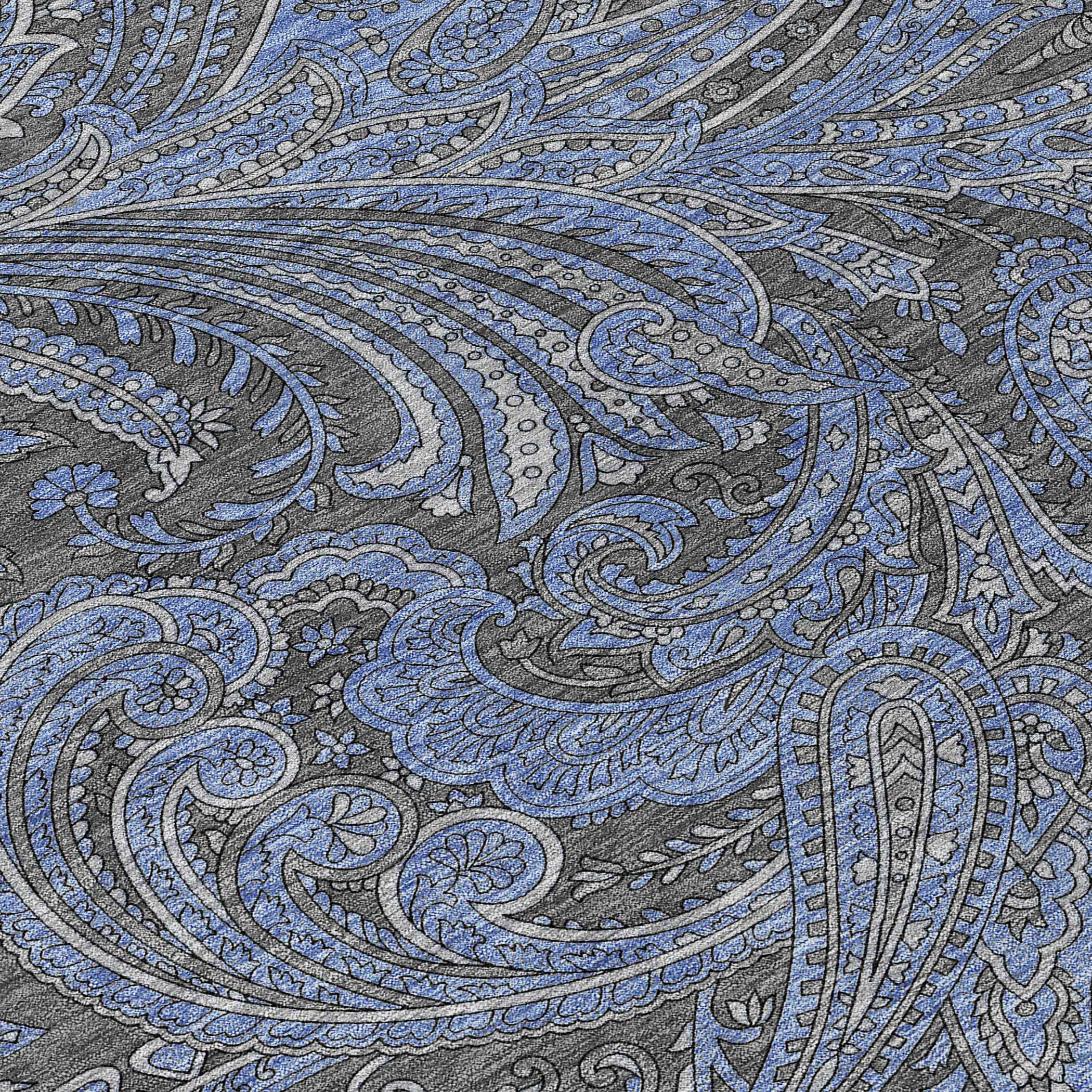 8' Charcoal Gray And Blue Round Paisley Washable Indoor Outdoor Area Rug