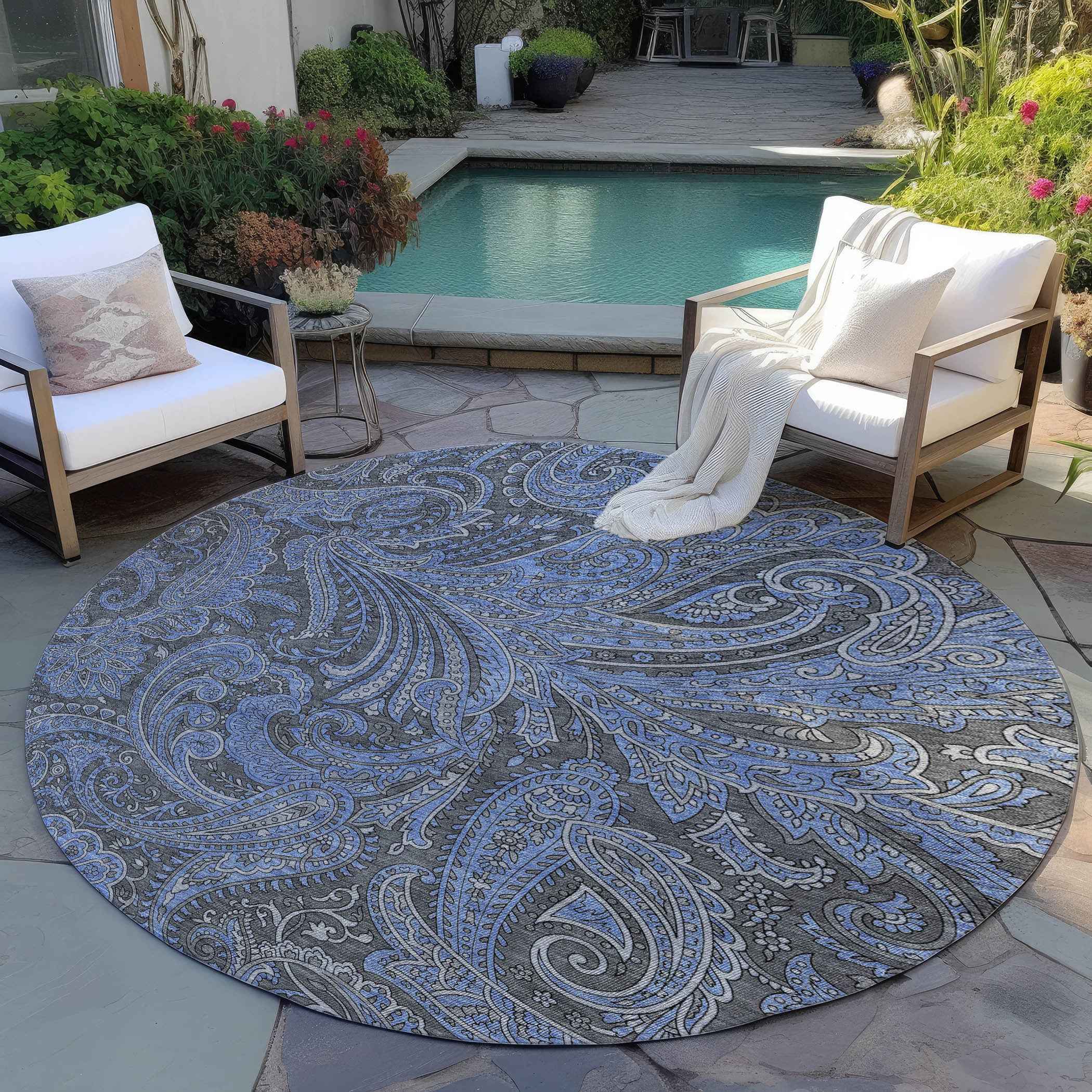 8' Charcoal Gray And Blue Round Paisley Washable Indoor Outdoor Area Rug