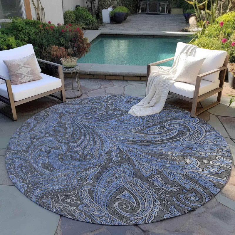 8' Charcoal Gray And Blue Round Paisley Washable Indoor Outdoor Area Rug