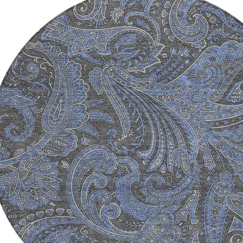 8' Charcoal Gray And Blue Round Paisley Washable Indoor Outdoor Area Rug
