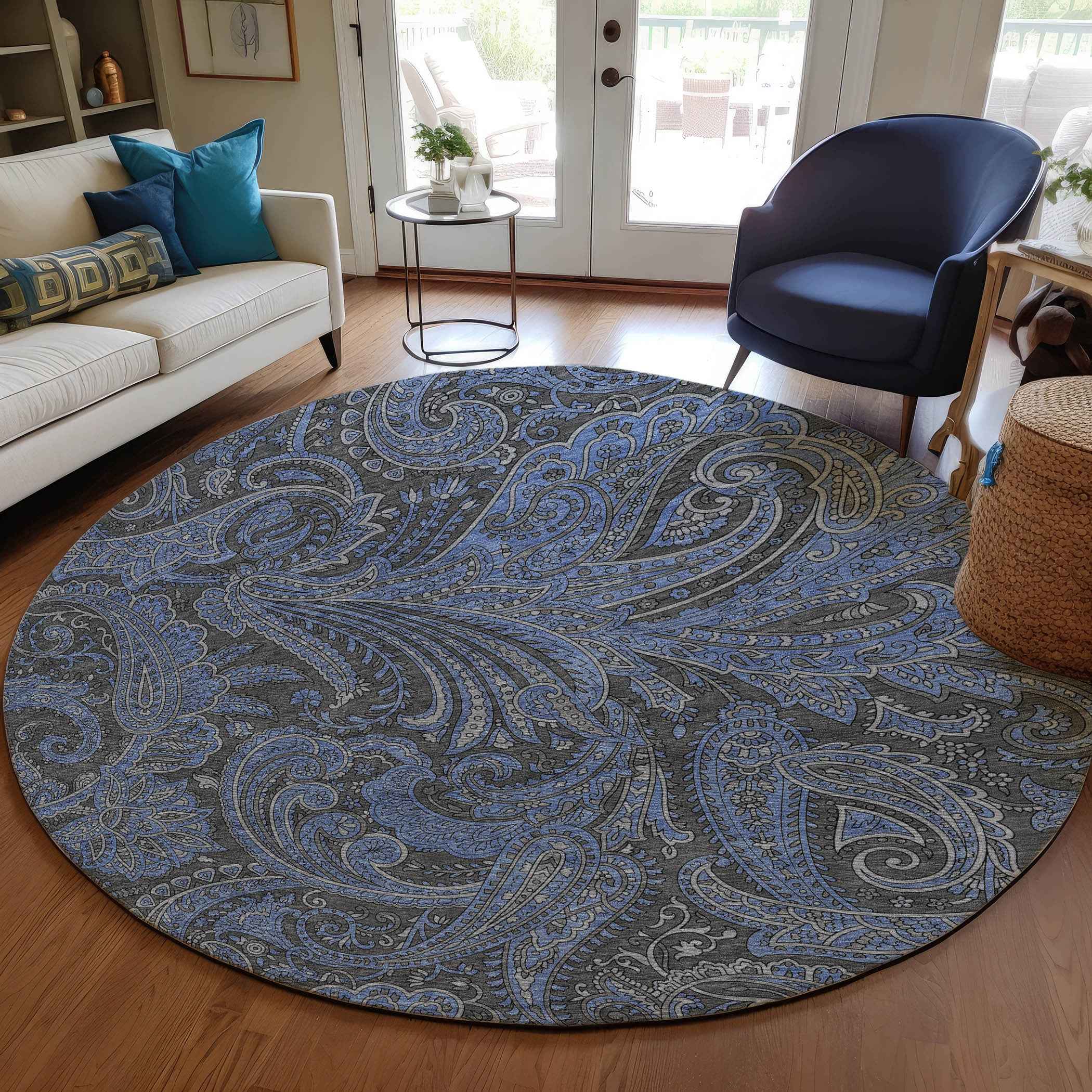 8' Charcoal Gray And Blue Round Paisley Washable Indoor Outdoor Area Rug