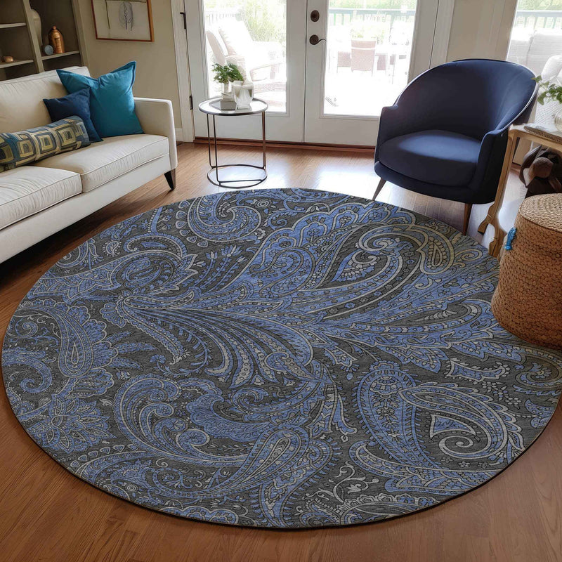 8' Charcoal Gray And Blue Round Paisley Washable Indoor Outdoor Area Rug