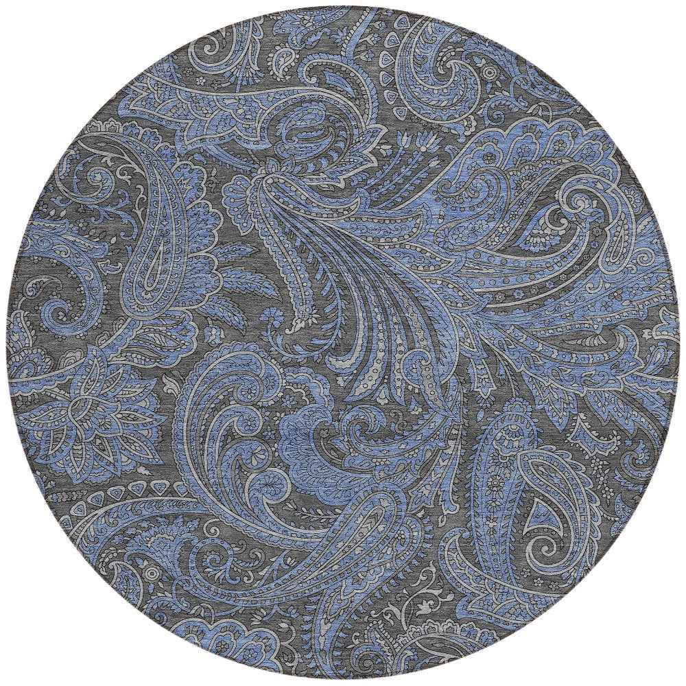 8' Charcoal Gray And Blue Round Paisley Washable Indoor Outdoor Area Rug