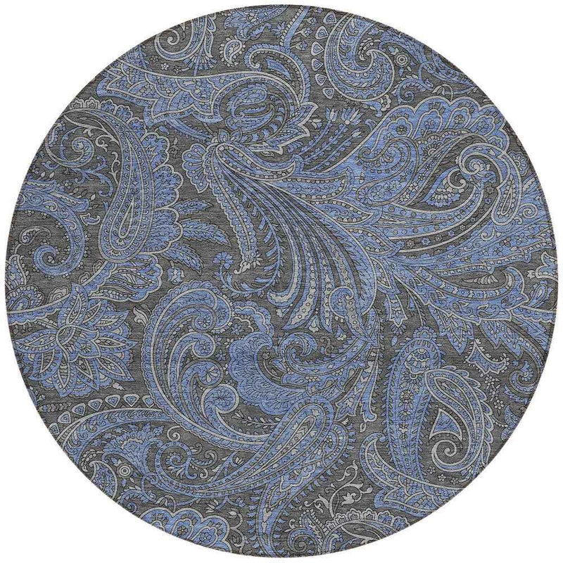 8' Charcoal Gray And Blue Round Paisley Washable Indoor Outdoor Area Rug