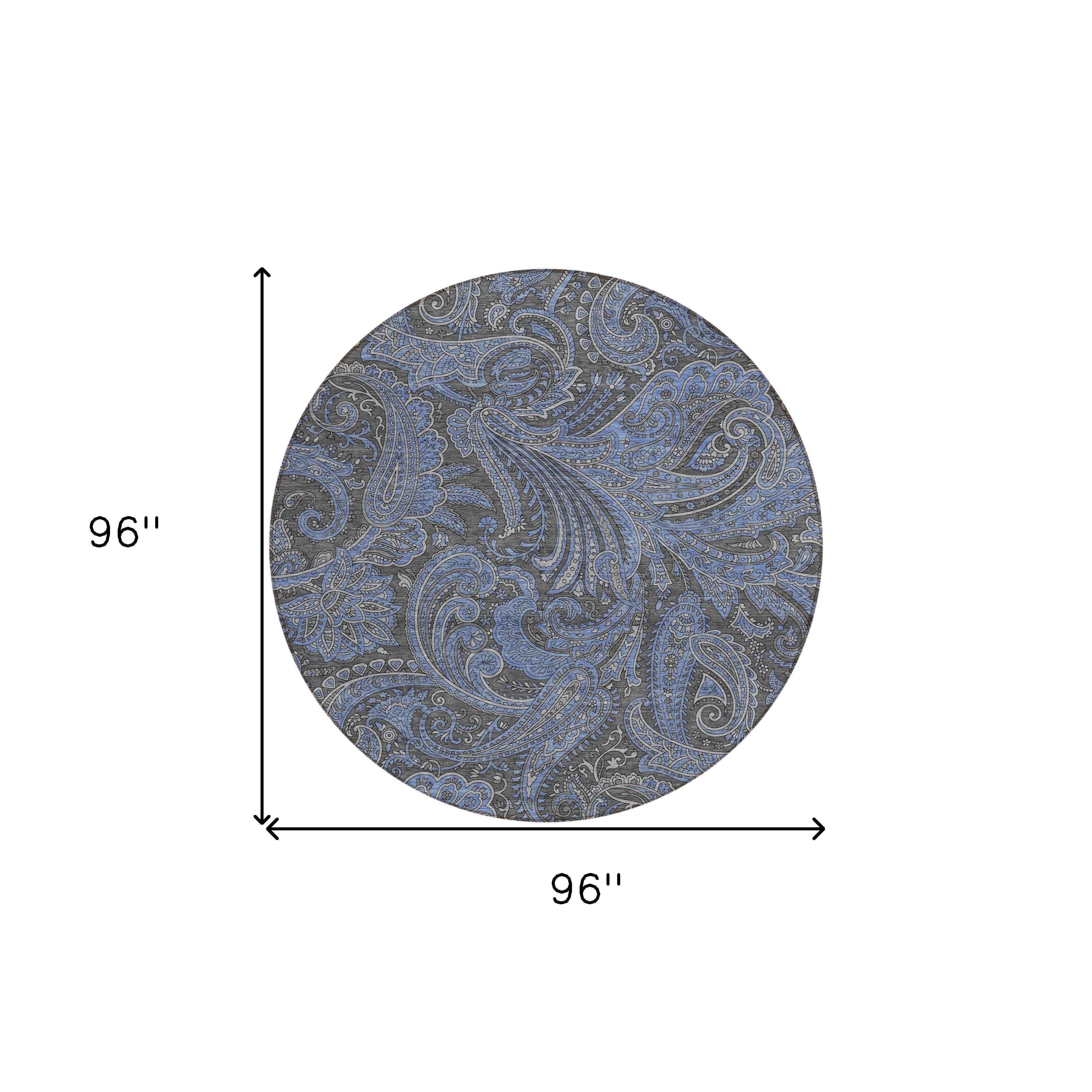 8' Charcoal Gray And Blue Round Paisley Washable Indoor Outdoor Area Rug